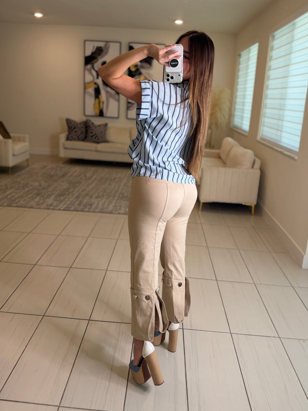 Stunning Silver Buttons Beige Pants