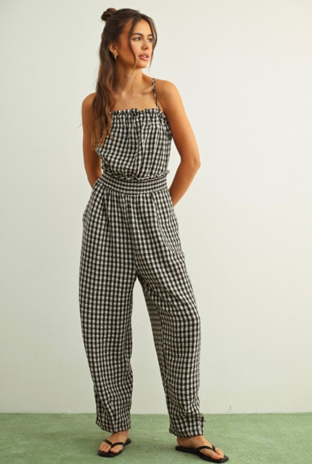 Graceful Plaid Black Barrel Jumpsuit