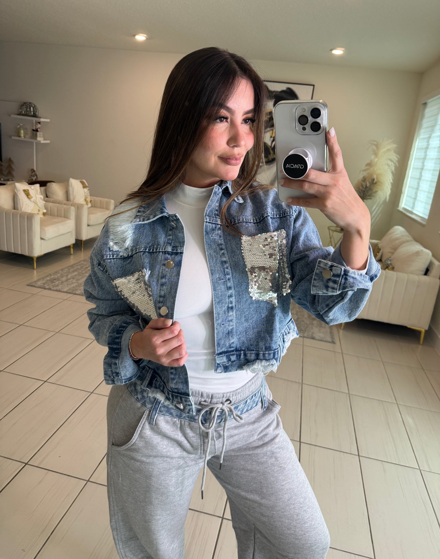 Radiance Silver Sequin Denim Jacket