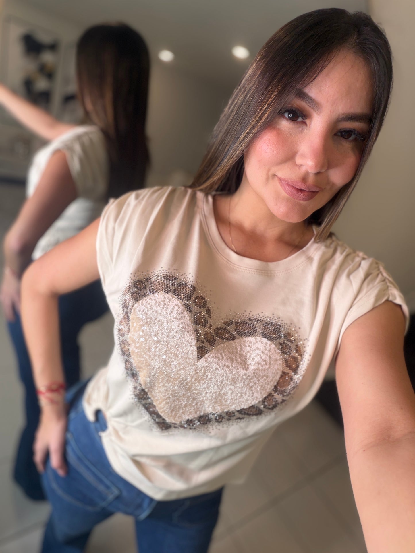 Leopard Heart Stones Beige Top