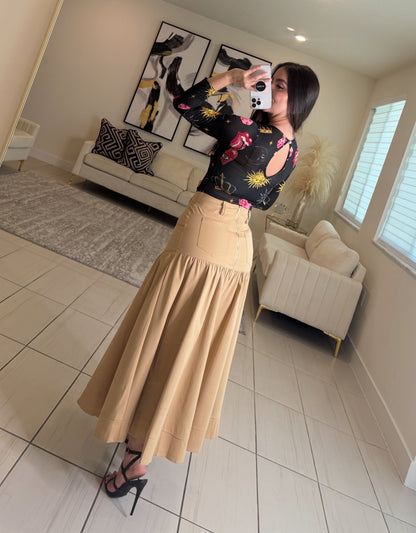 Vibe Check Khaki Midi Skirt