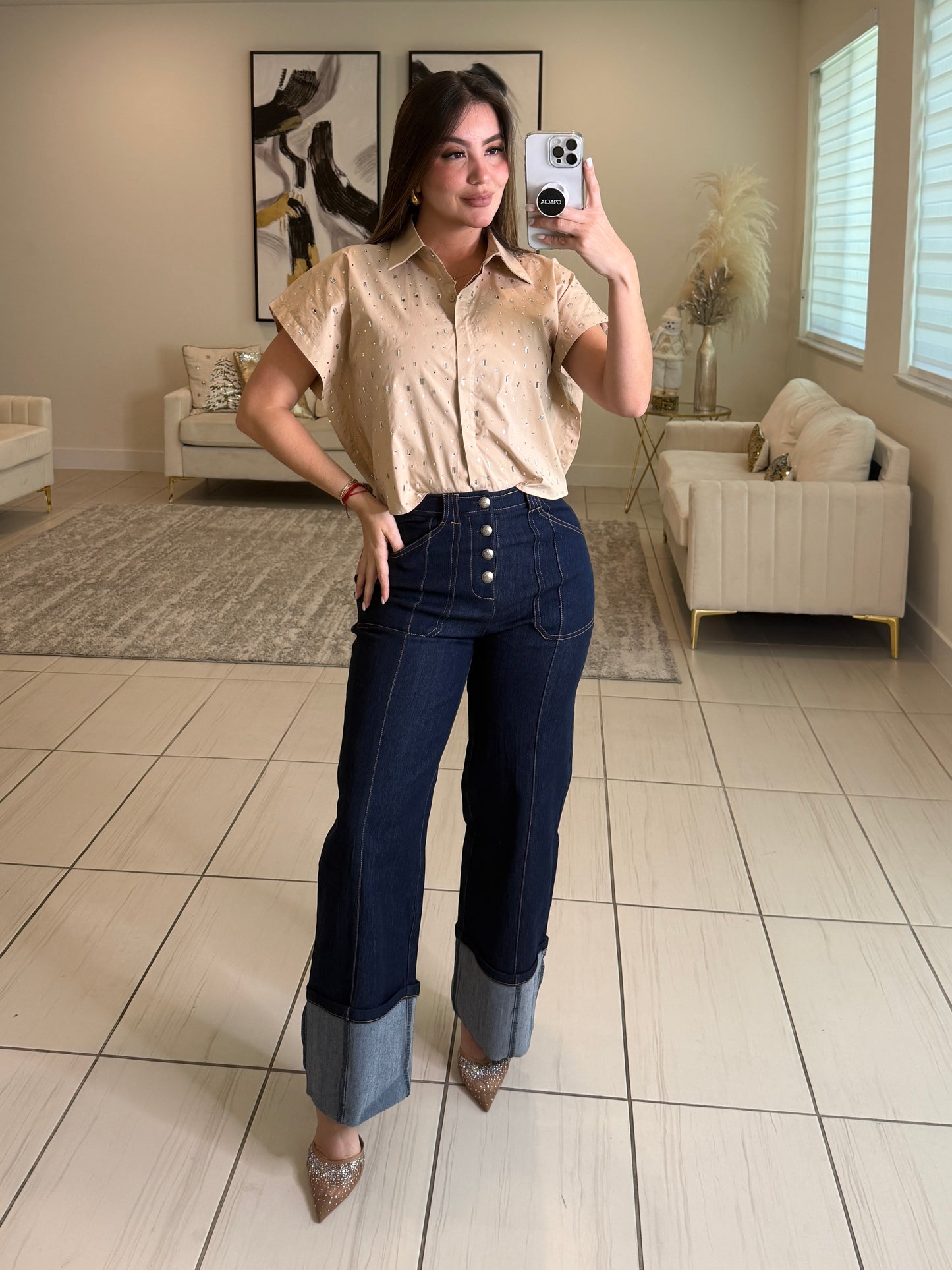 Frame Rhinestone Beige Top