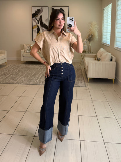 Frame Rhinestone Beige Top