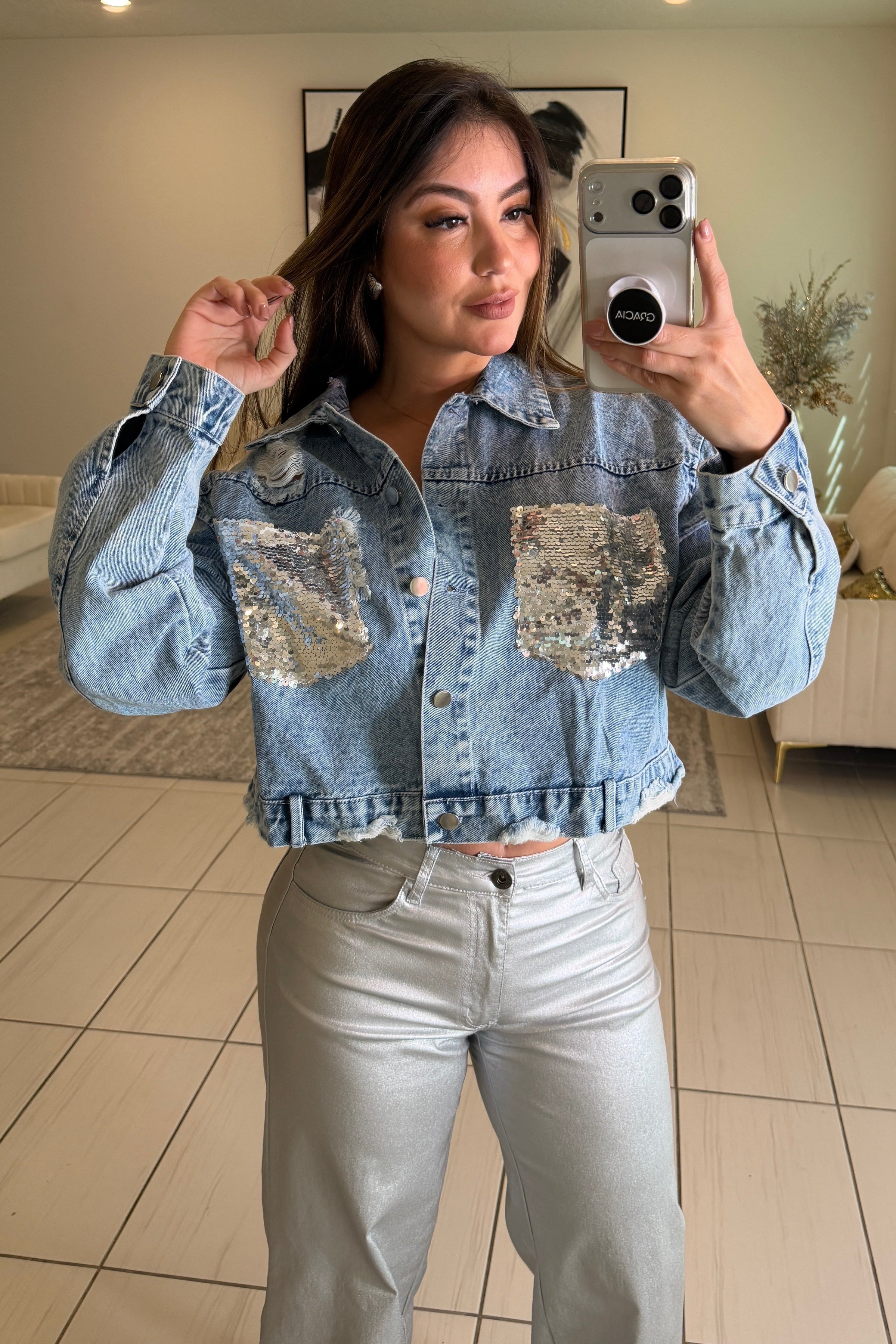 Radiance Silver Sequin Denim Jacket