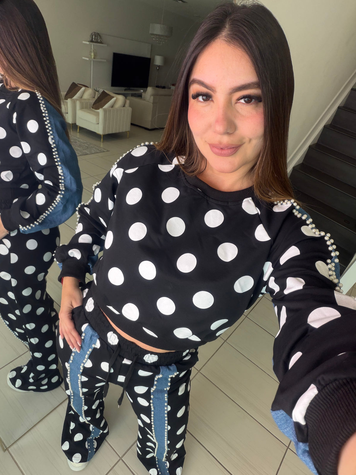 Polka Contrast Statement Black Pant Set