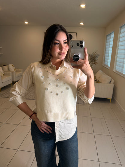 Parisian Pearls Beige Long-Sleeved Top