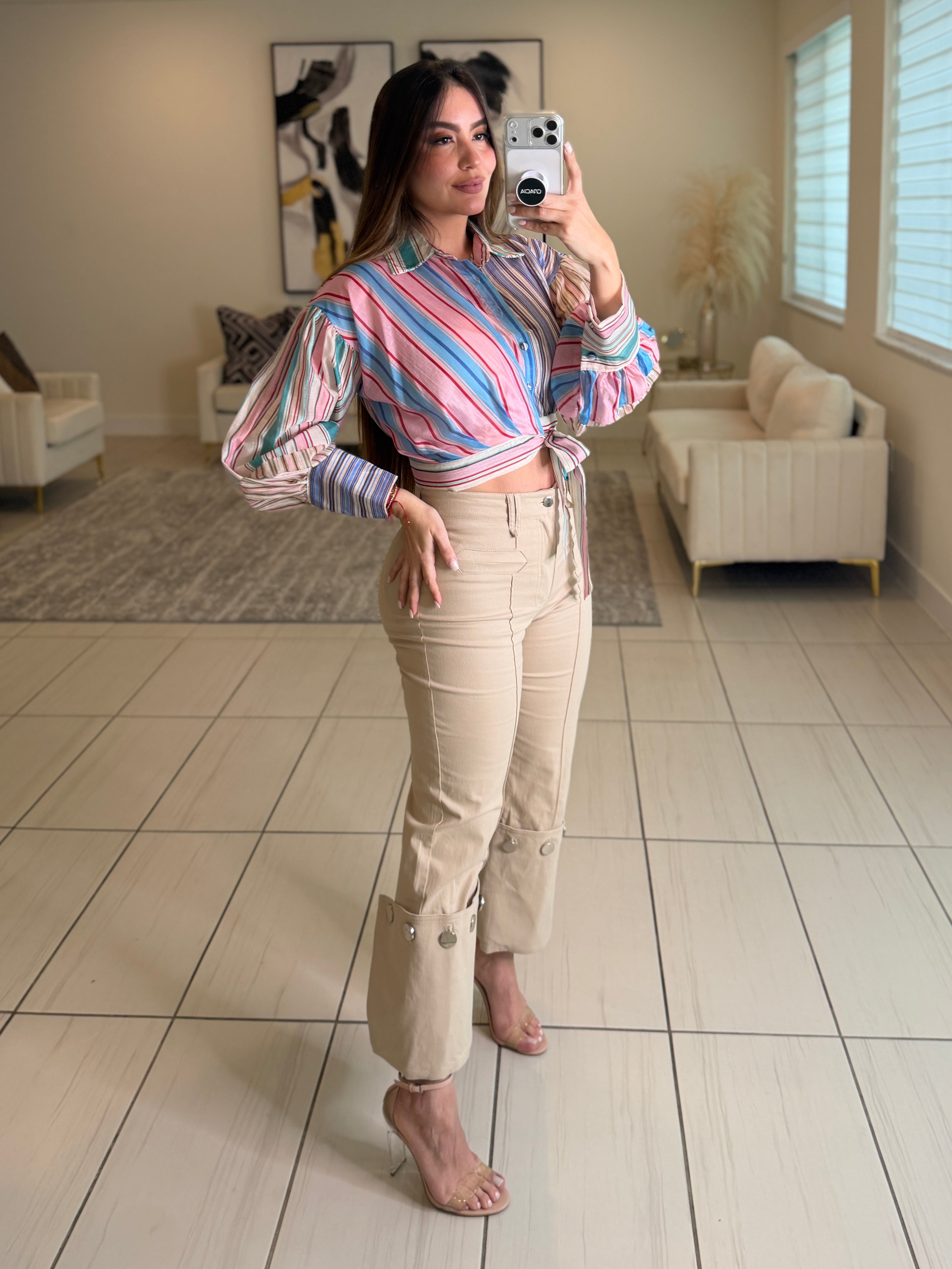 Stunning Silver Buttons Beige Pants