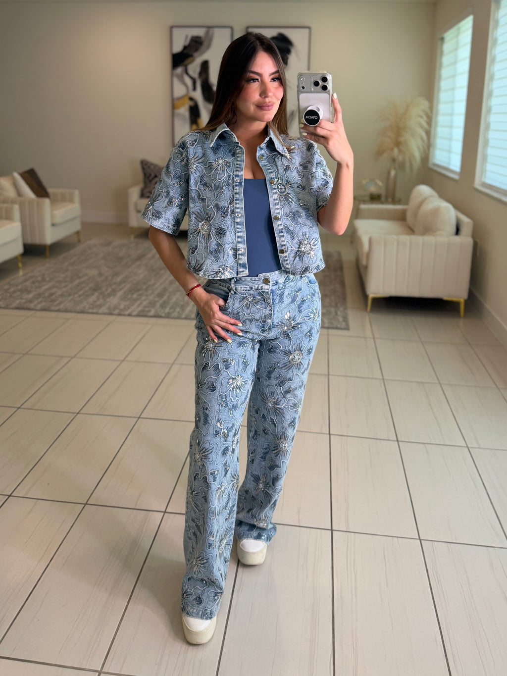 Blossom Sequin Denim Pant Set