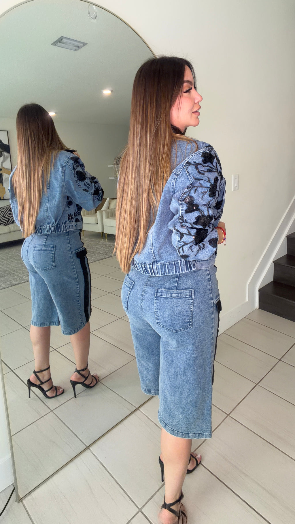 Midnight Bloom Denim Shorts Set