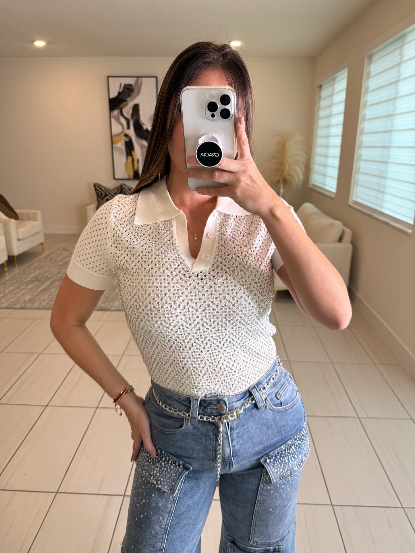 Shine Effect Knit White Top
