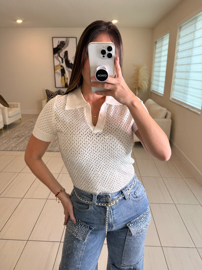 Shine Effect Knit White Top