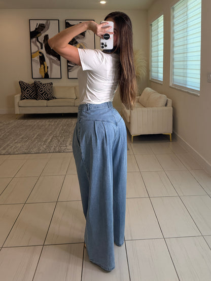 Pintuck Wide Leg Denim Pants