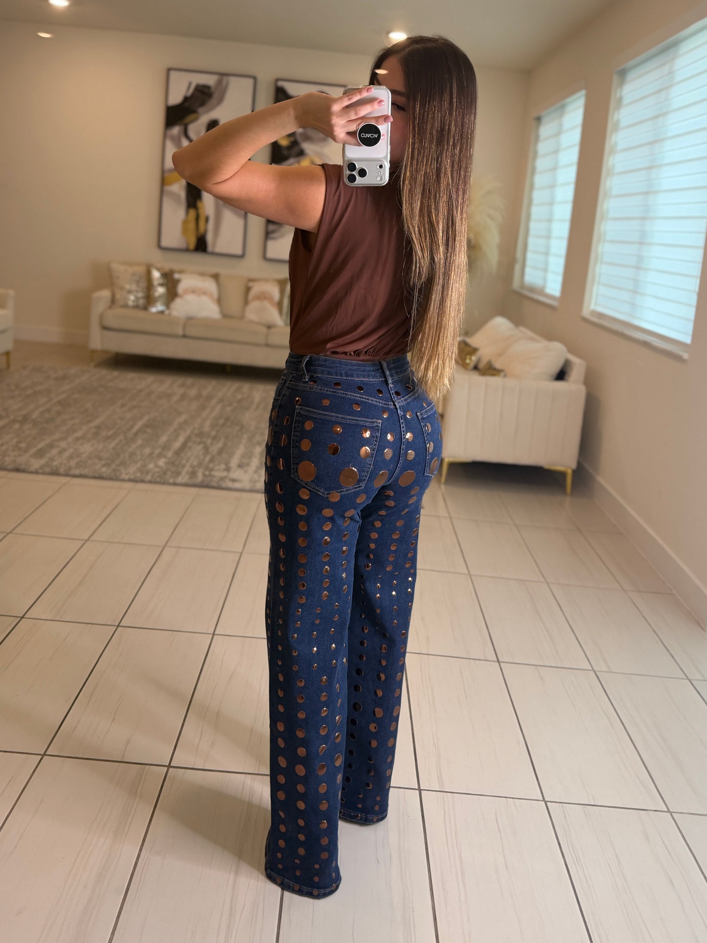Bronze Shiny Polka Dots Denim Pants