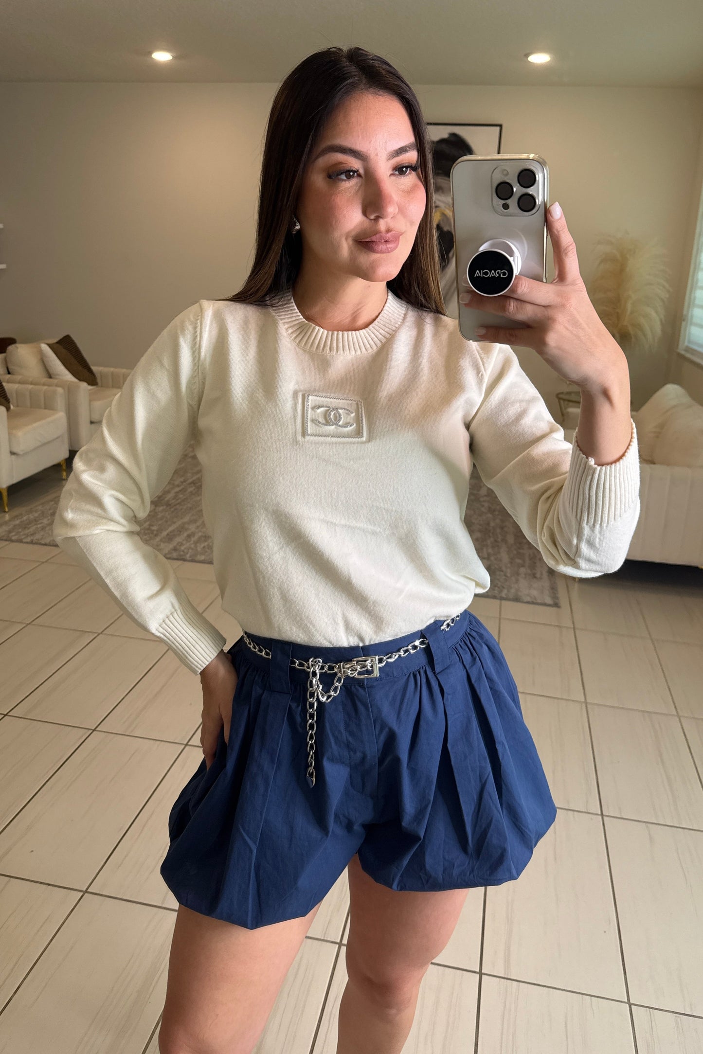 Iconic Rhinestones Knit Off White Sweater