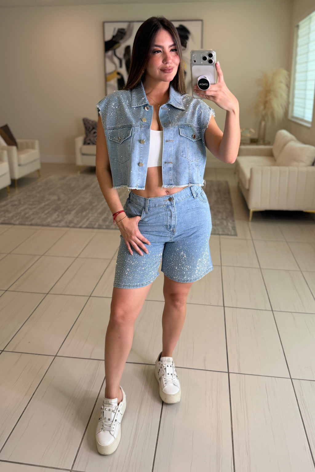 Rhinestones Muse Denim Short Set