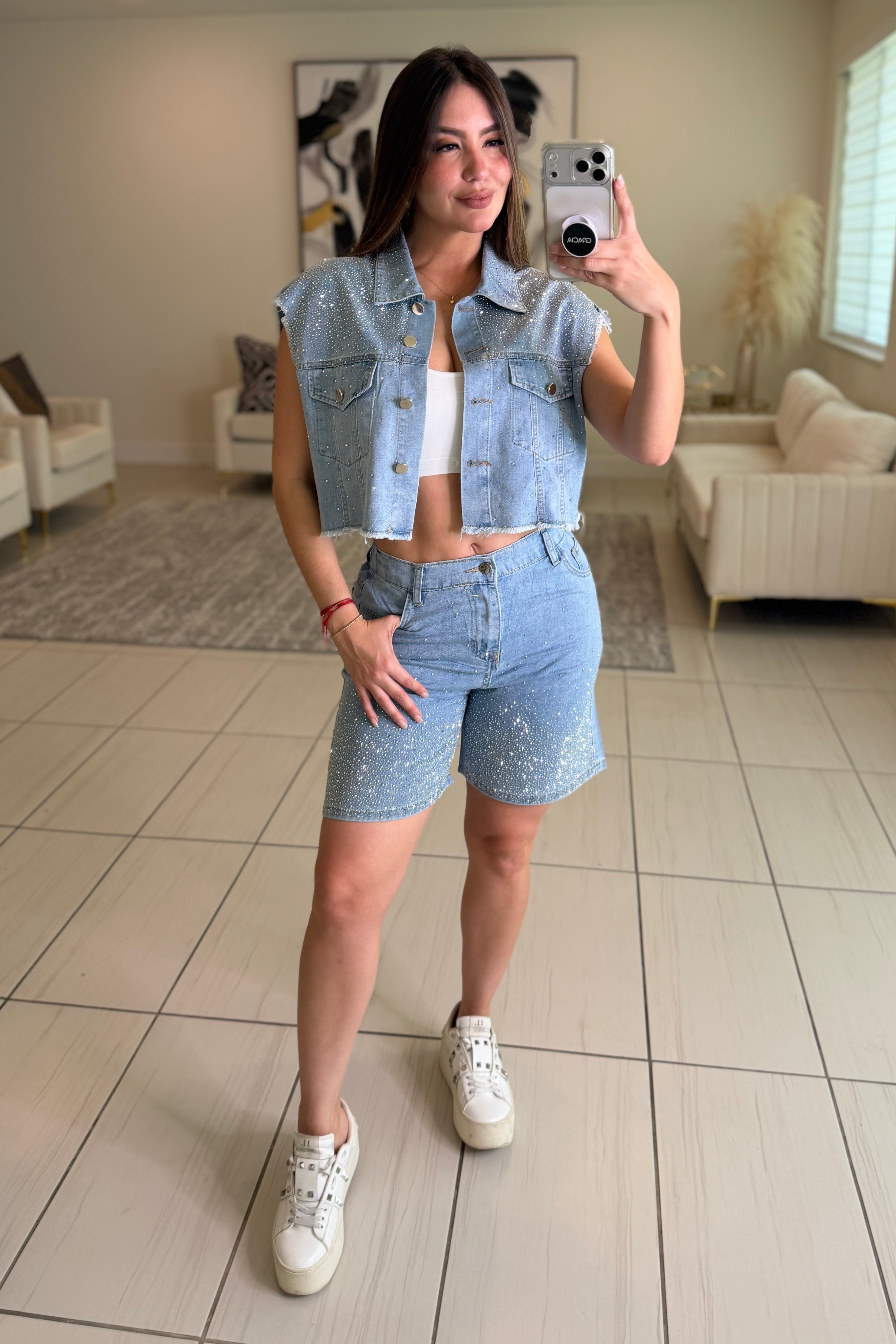 Rhinestones Muse Denim Short Set