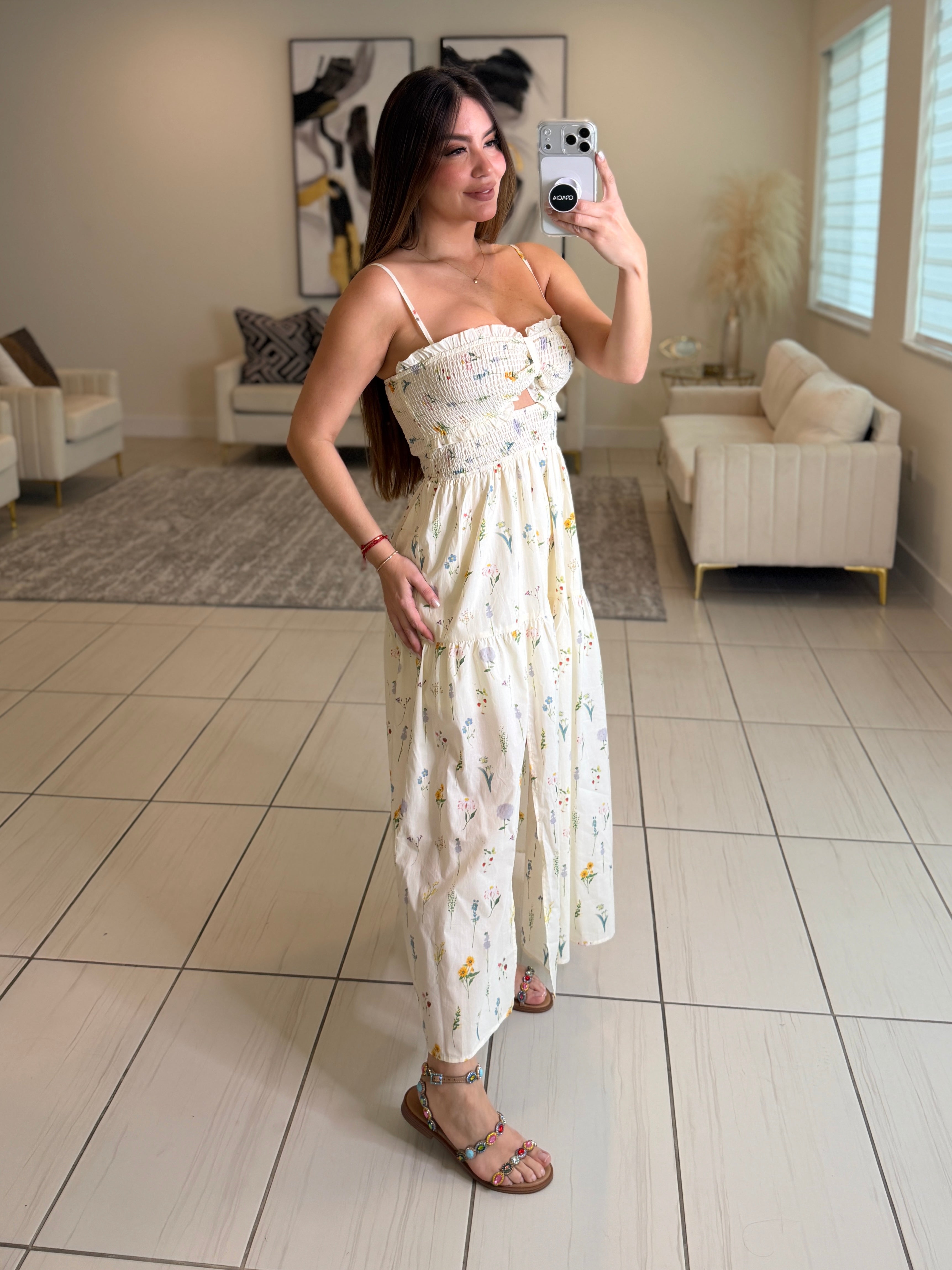 Sweet Floral Beige Dress