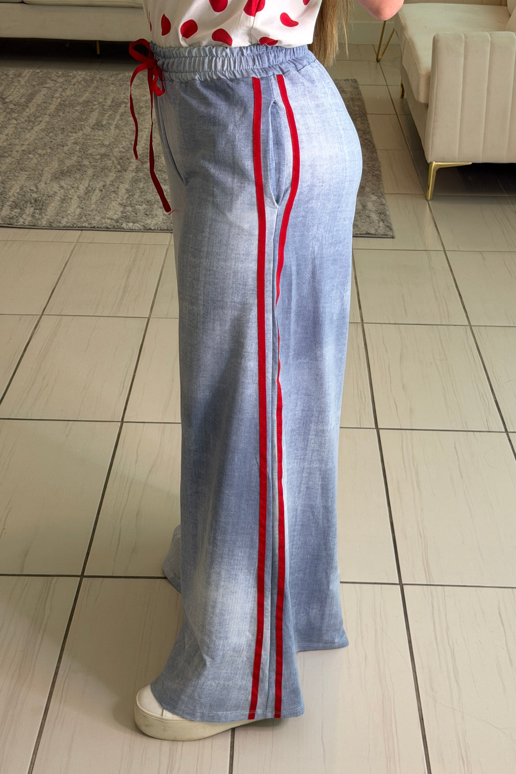 Red Stripes Flare Blue Pants