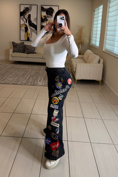 Crazy Patches Black Denim Pants