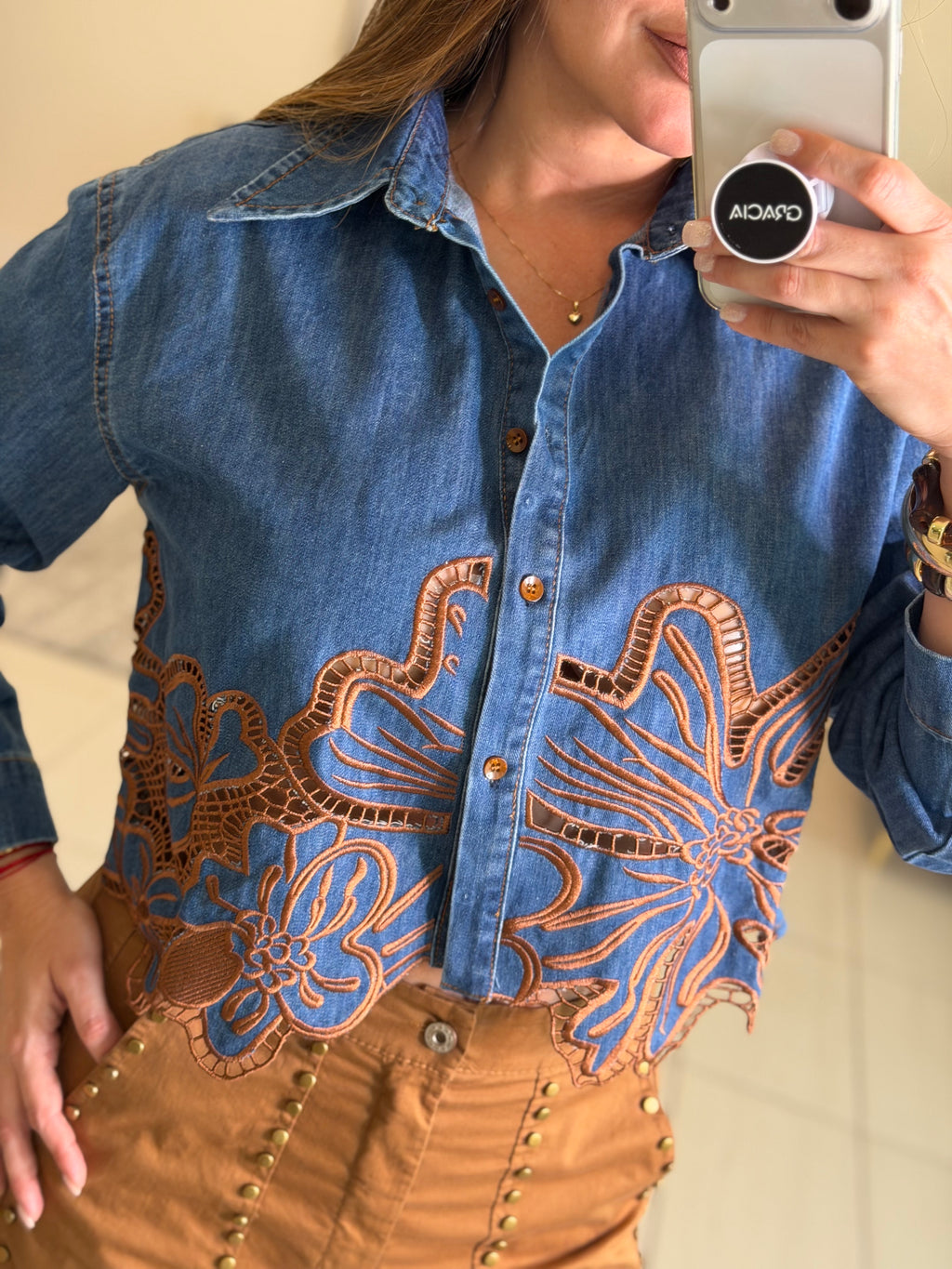 Brown Blossoms Denim Top