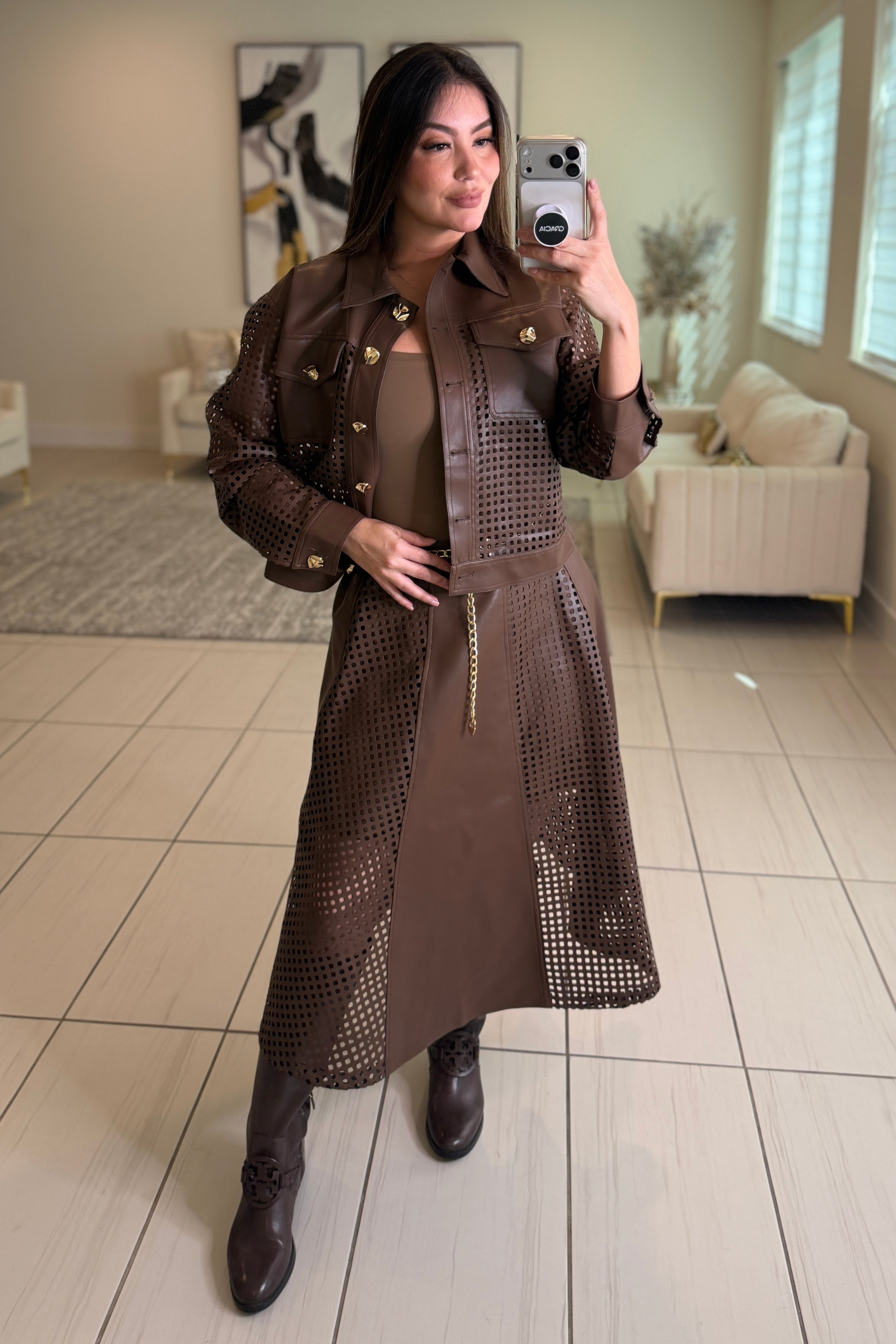 Luxe Faux Leather Brown Skirt Set