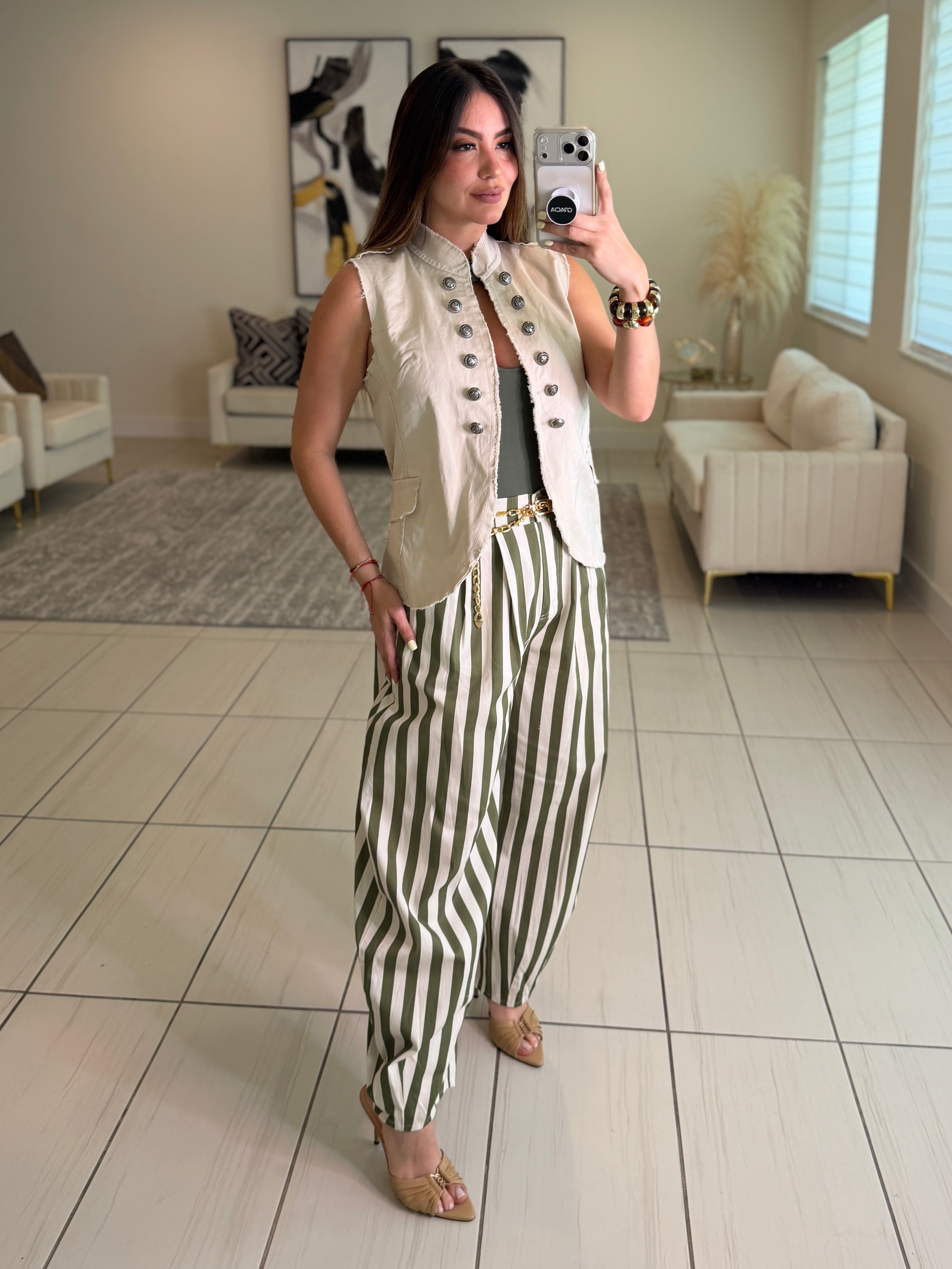 Italian Stripes Green Barrel Pants