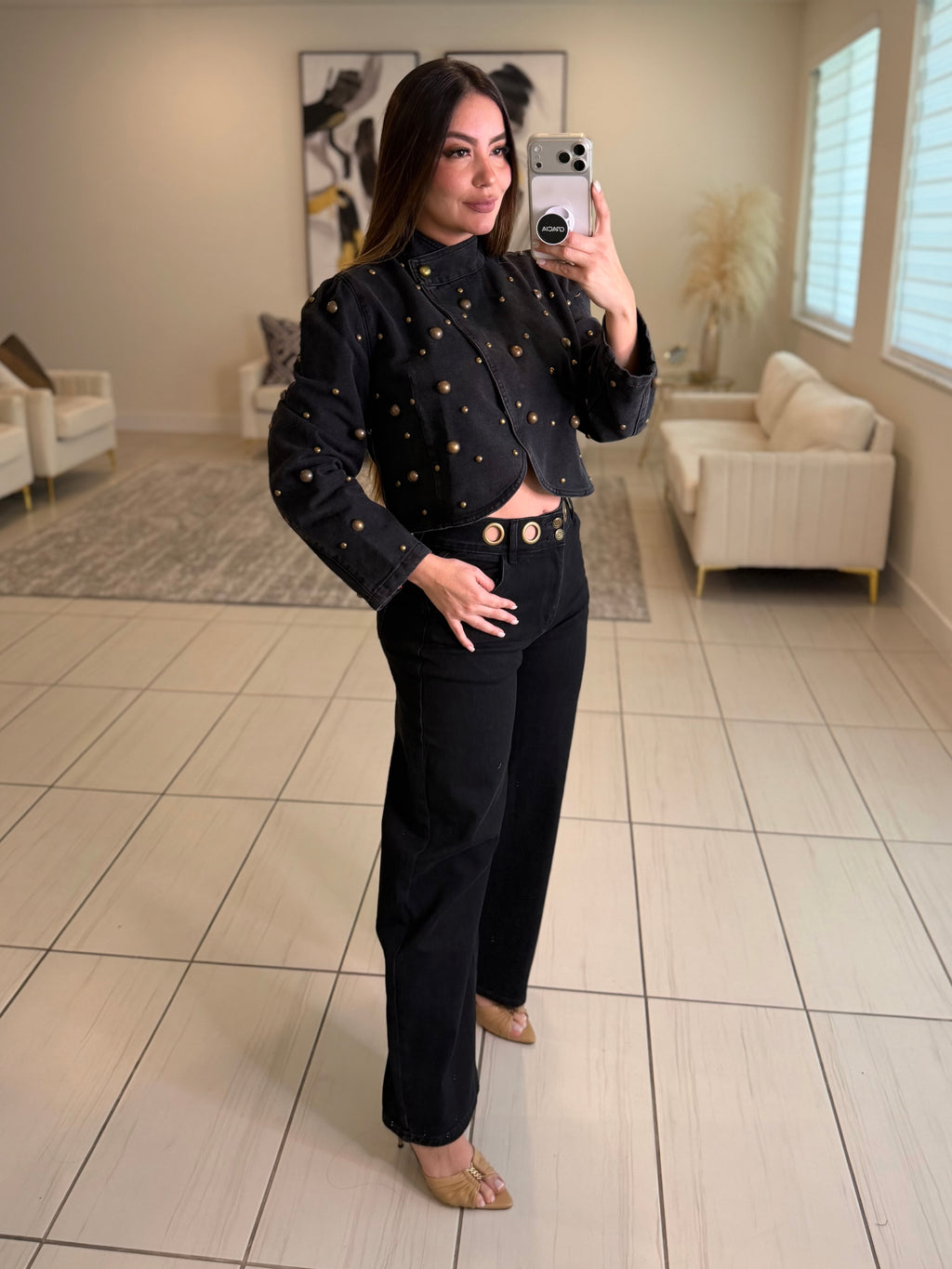 Luxe Golden Dots Black Denim Top