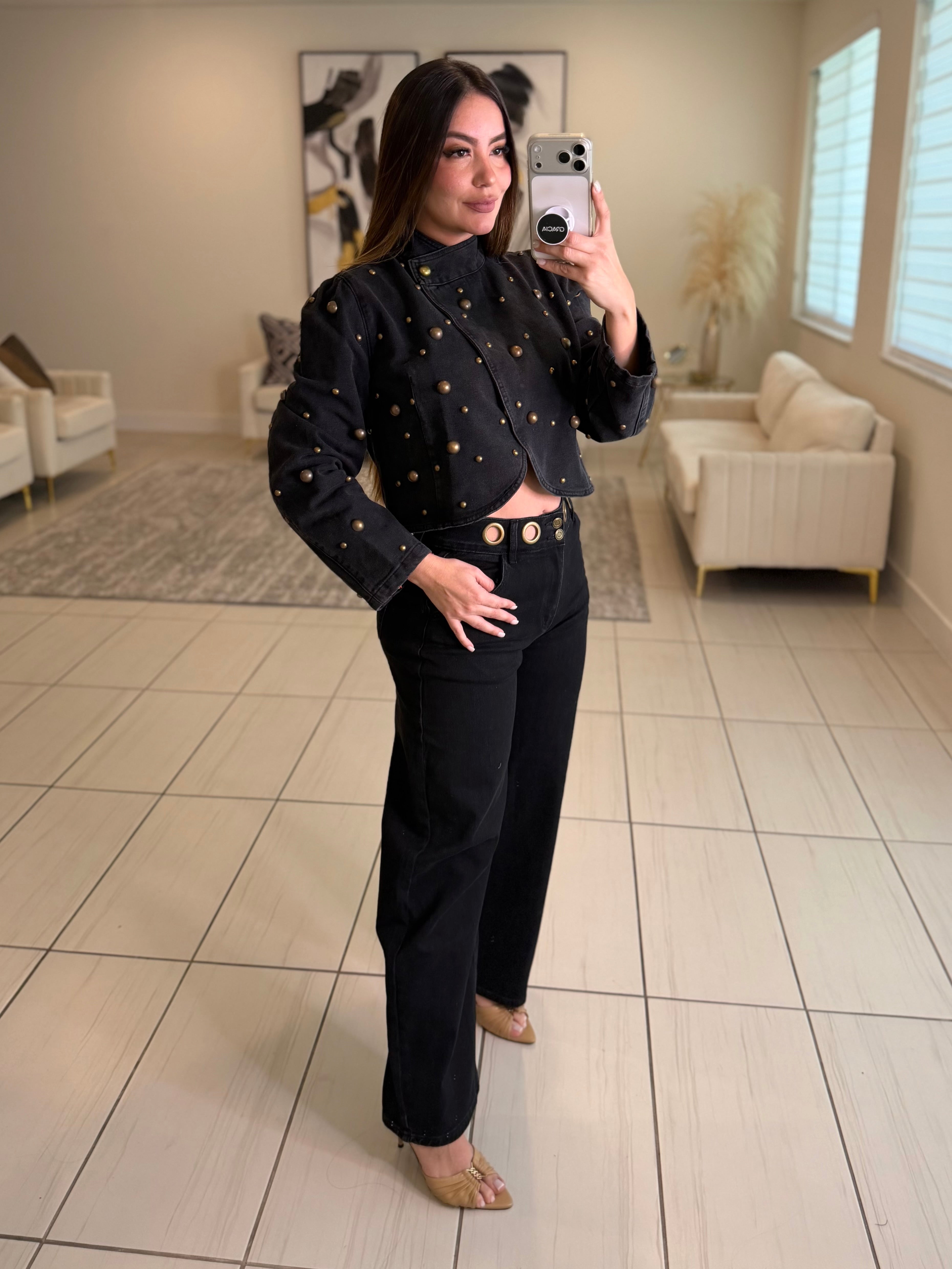 Luxe Golden Dots Black Denim Top