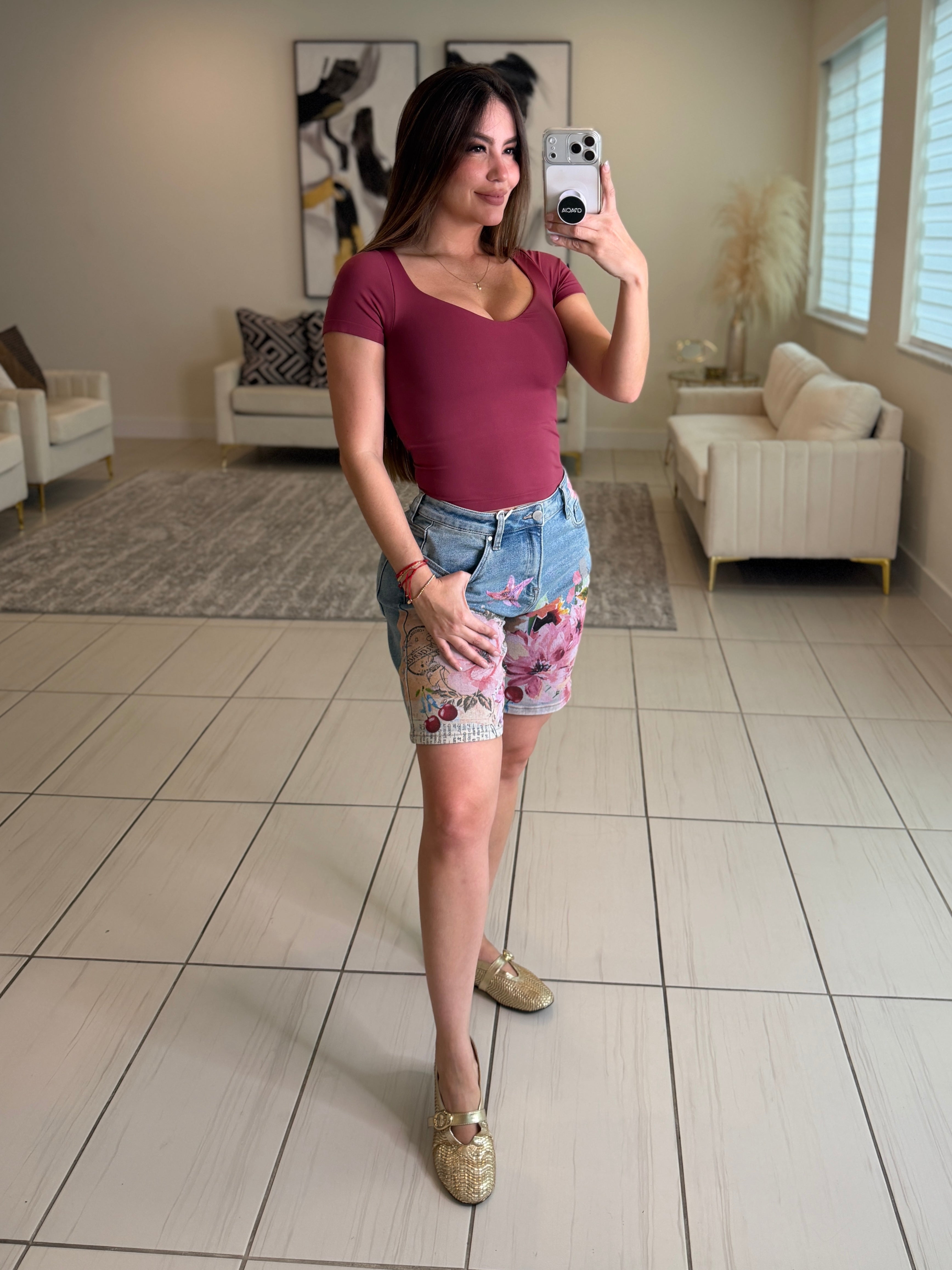 Flowers and Cherries Denim Bermuda Short