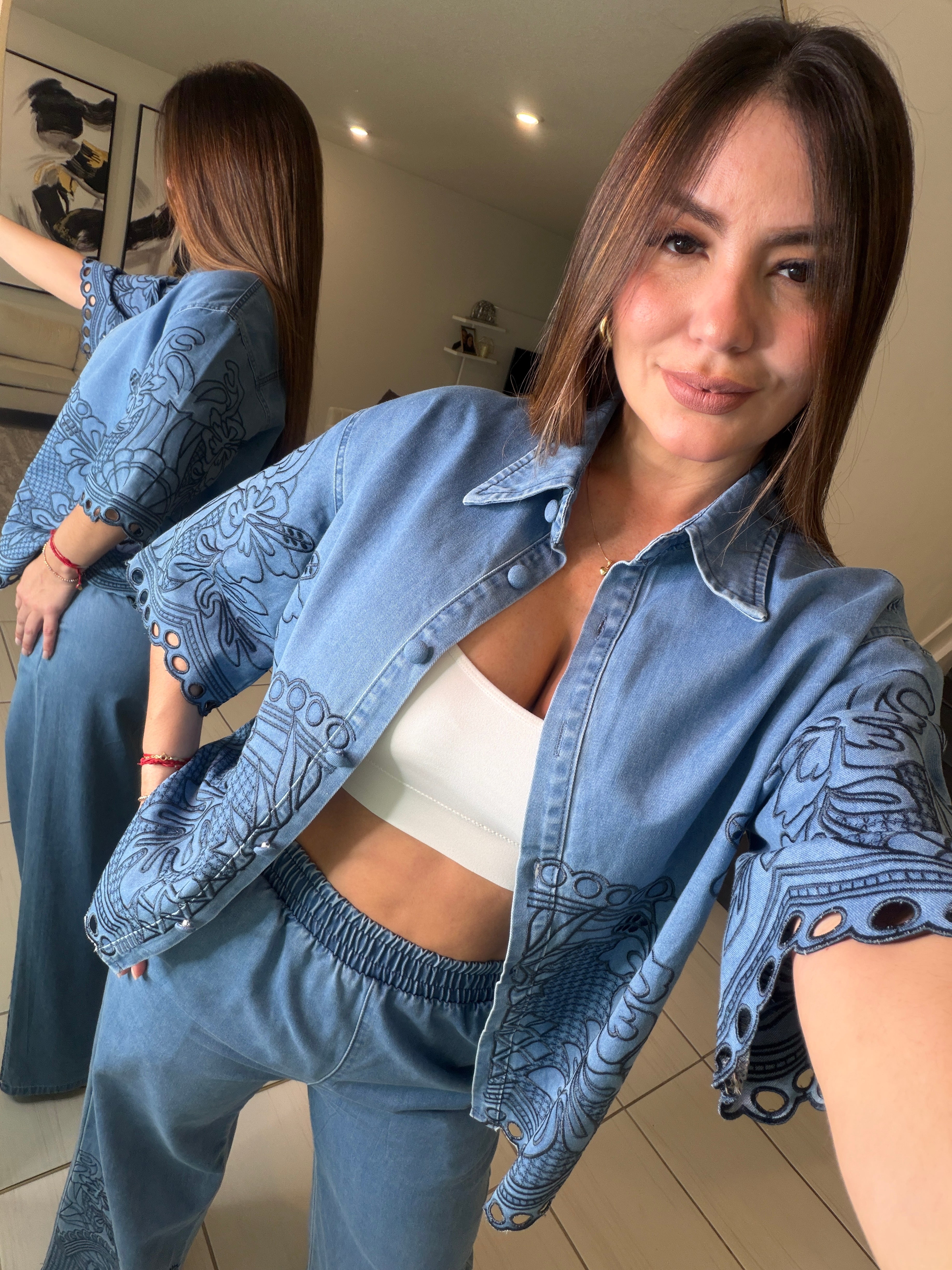 Paradise Embroidered Denim Pant Set
