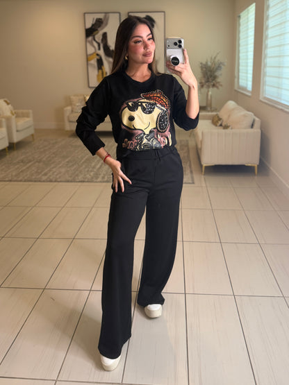 Funny Rhinestones Black Pant Set