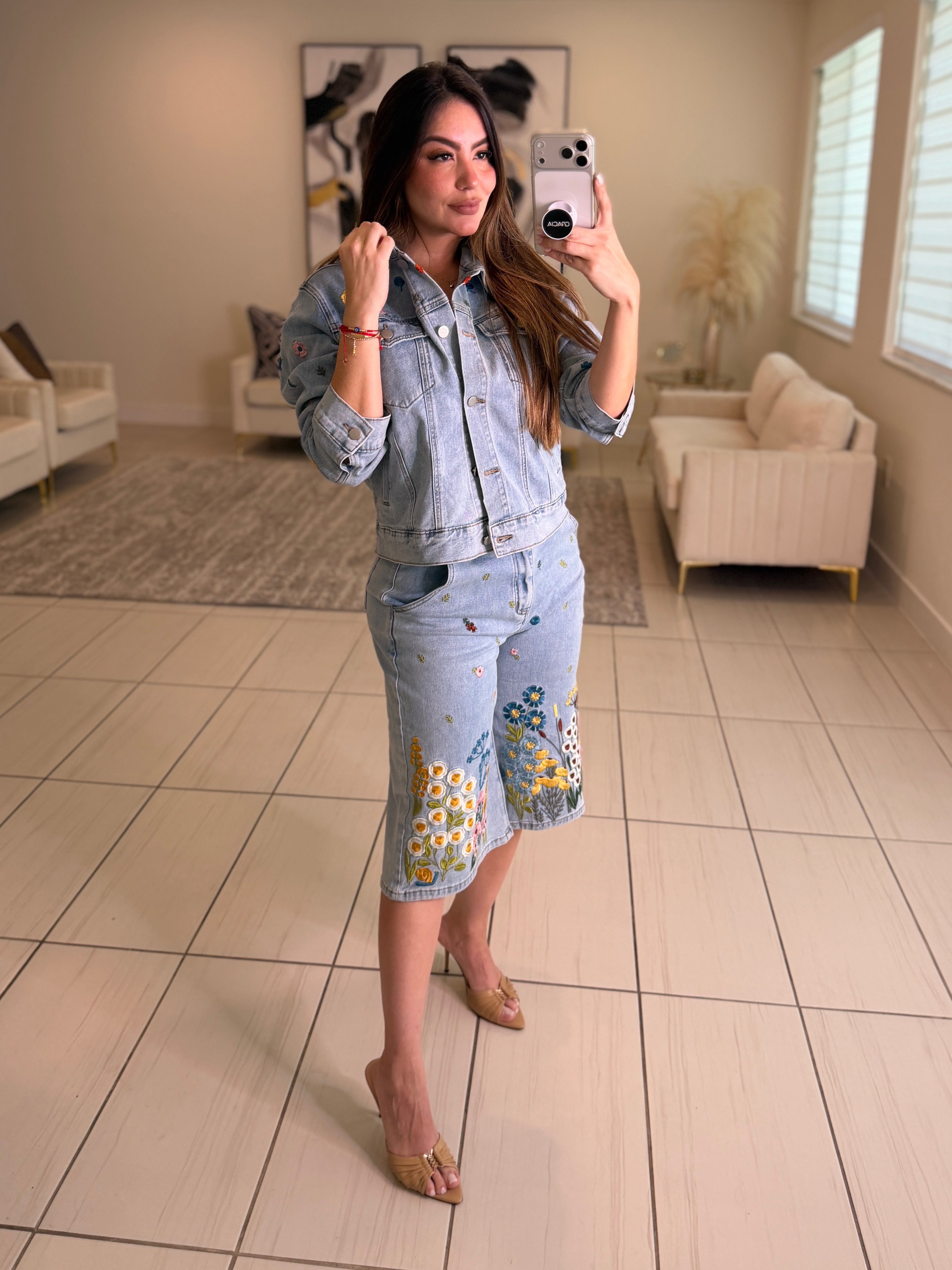Bloom Embroidered Denim Shorts Set