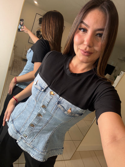 Draped Contrast Black and Denim Top