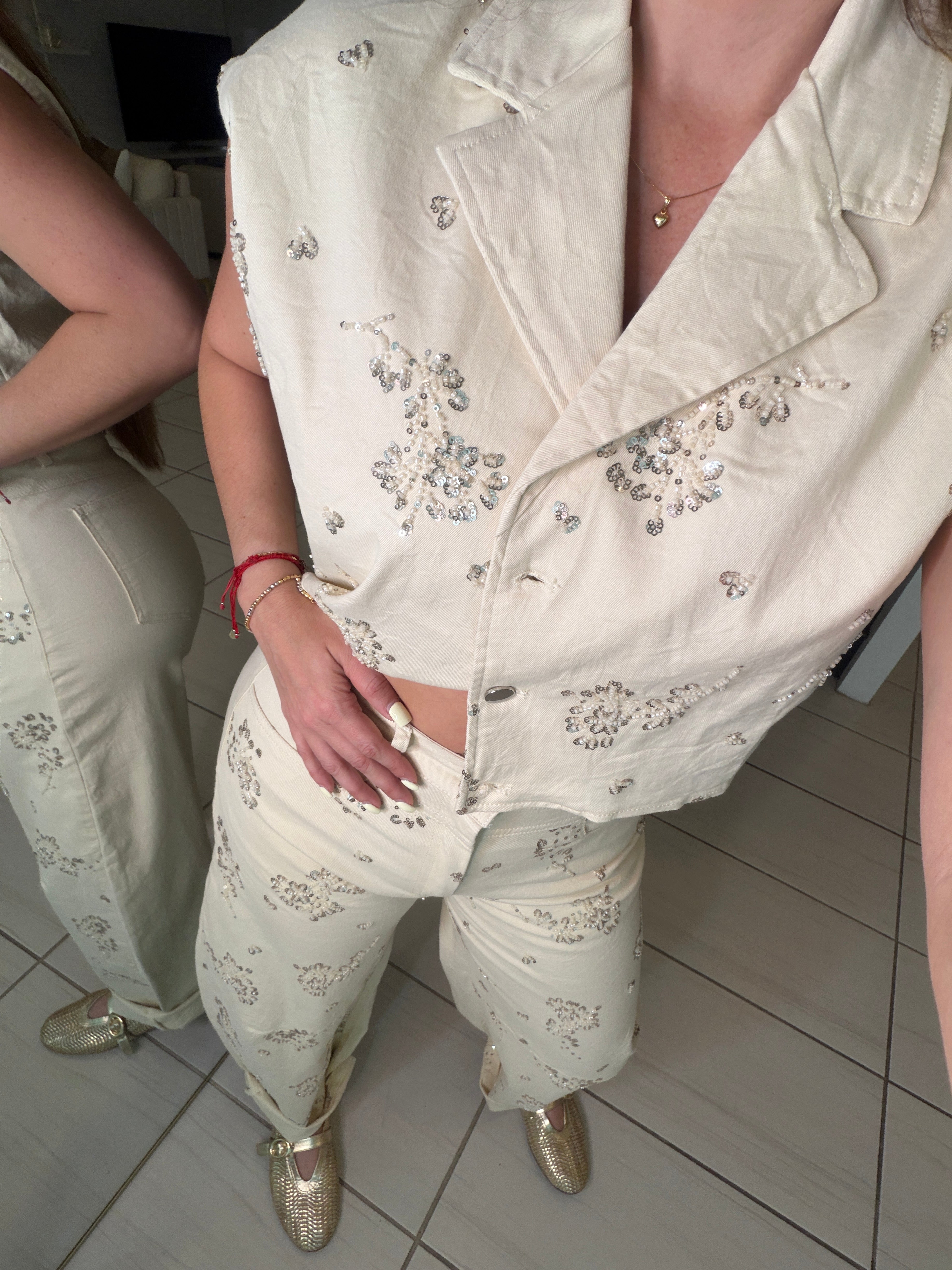 Blossom Sequin Beige Pant Set