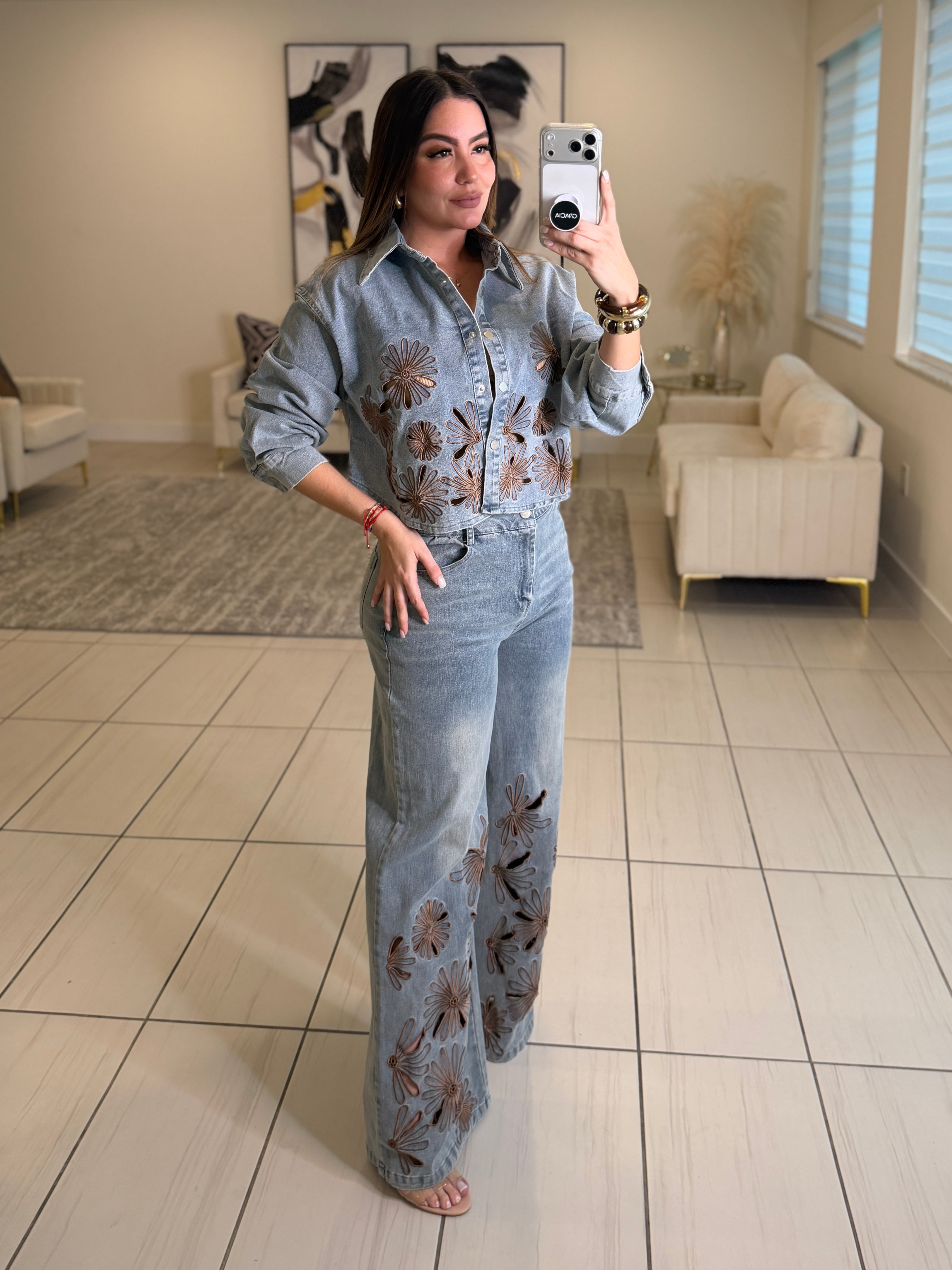 Brown Blossoms Denim Pant Set