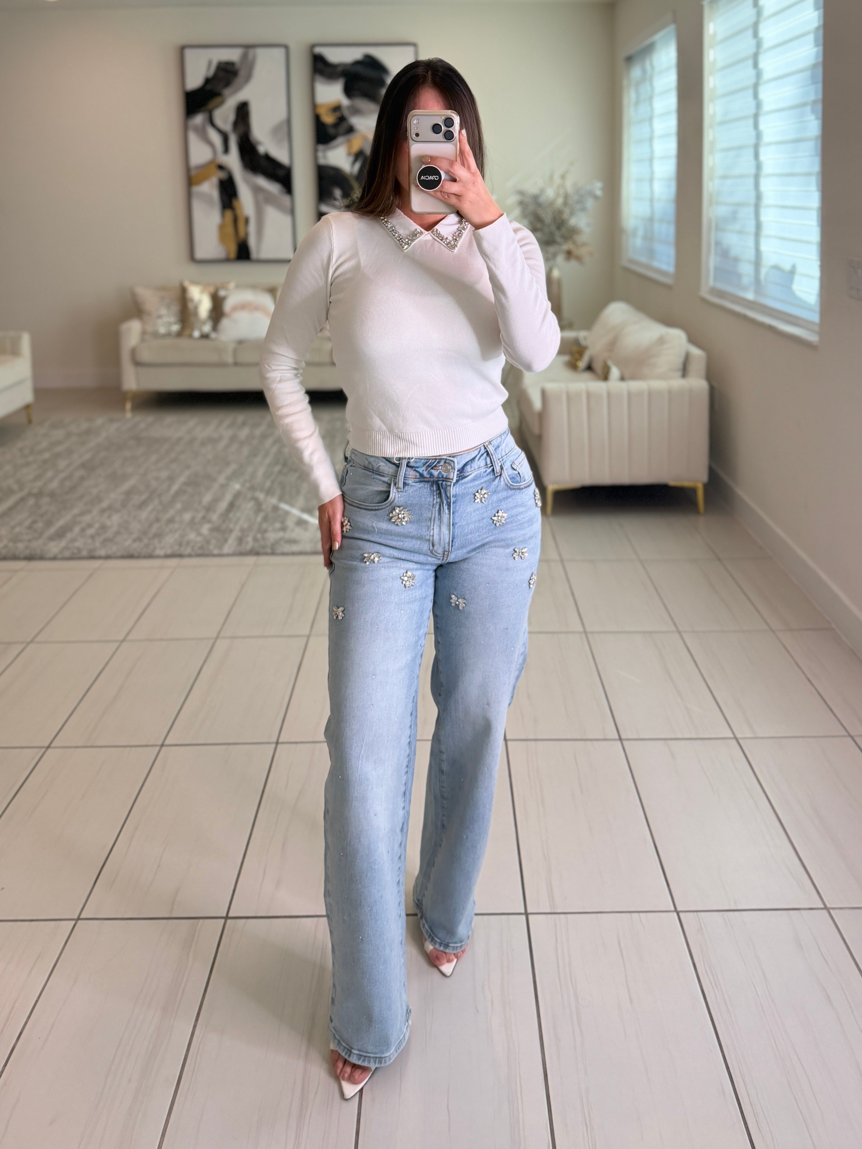 Rhinestones Flowers Denim Pants