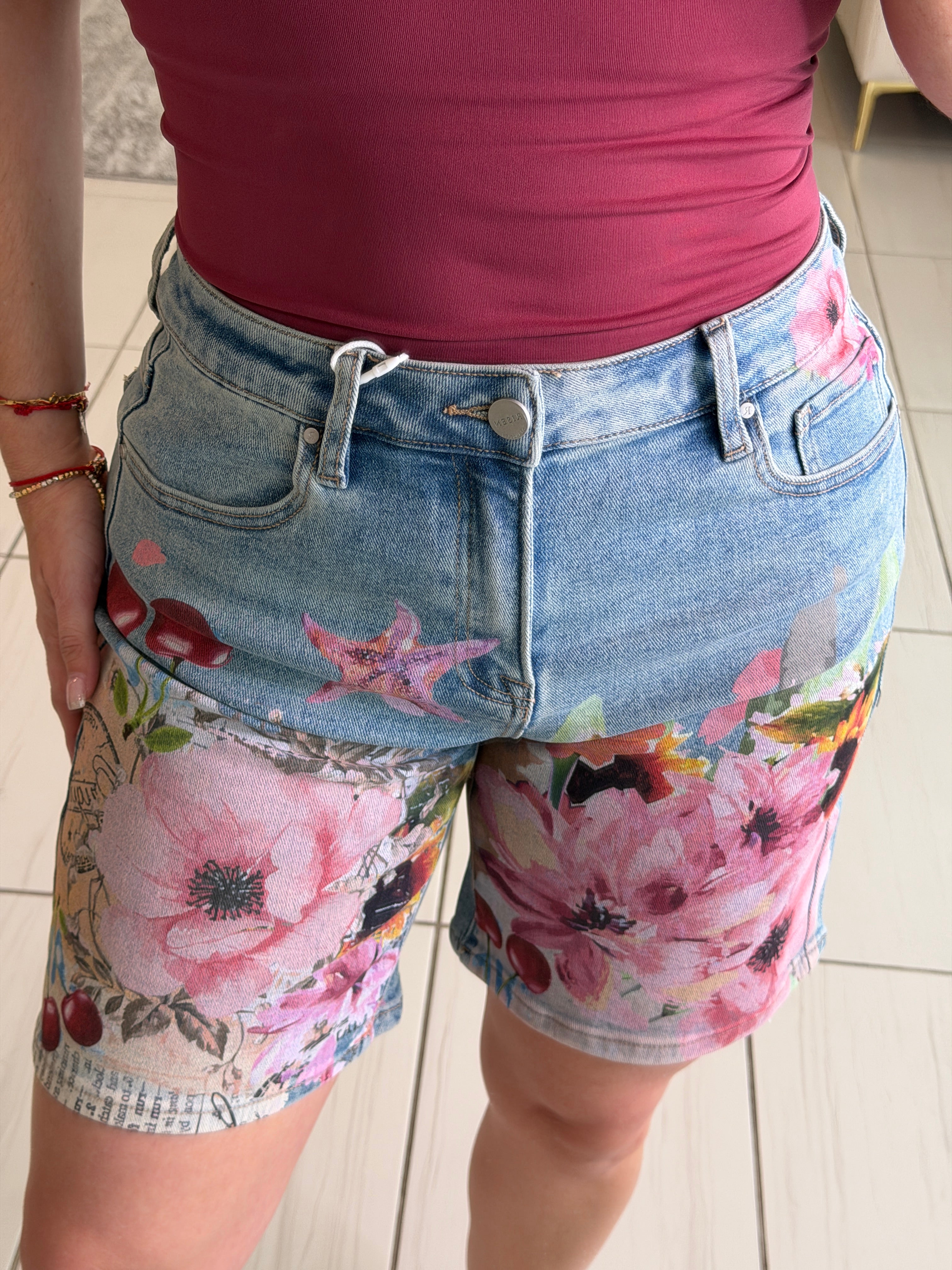 Flowers and Cherries Denim Bermuda Short