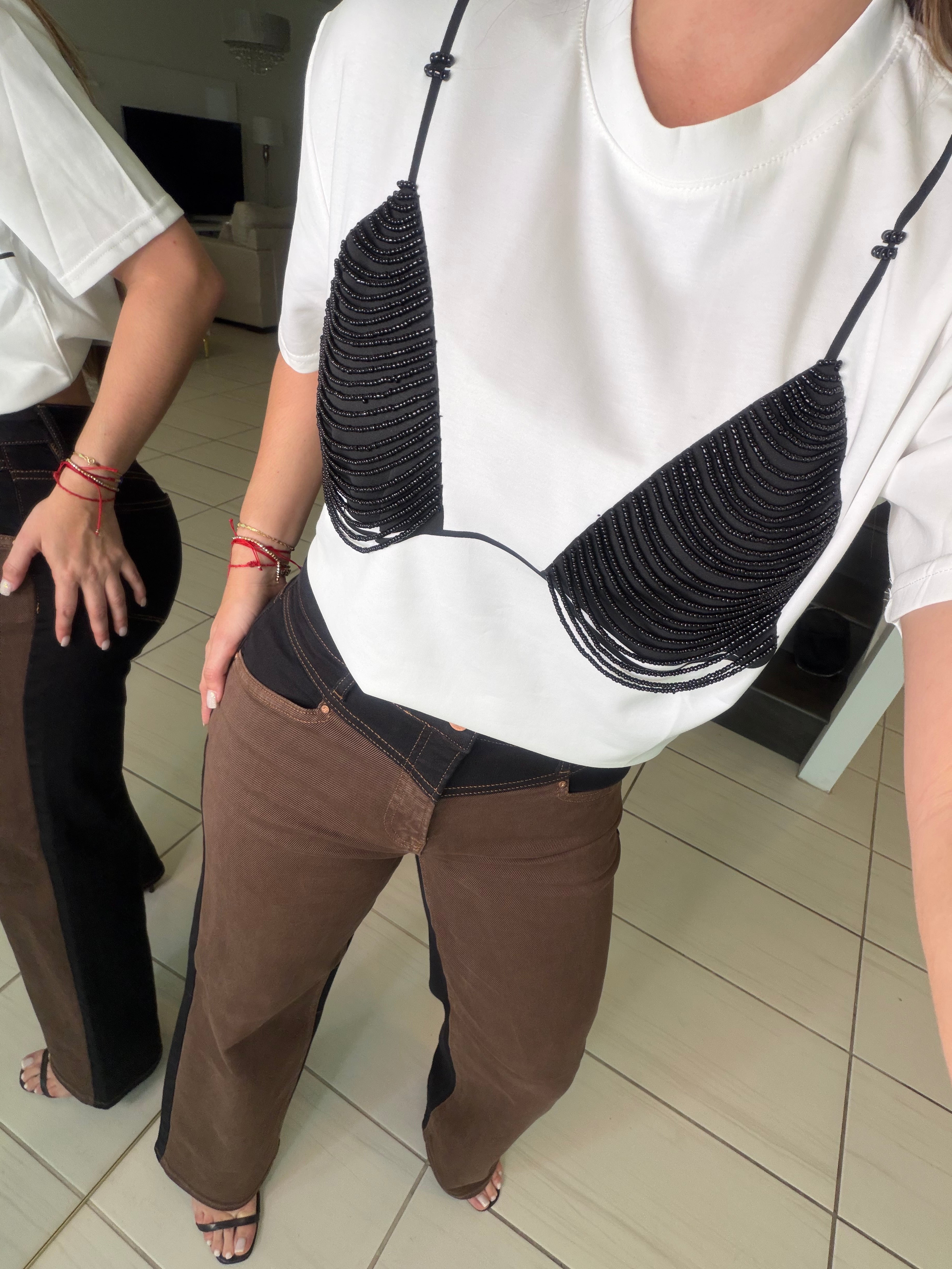 Black Embellished White Tshirt