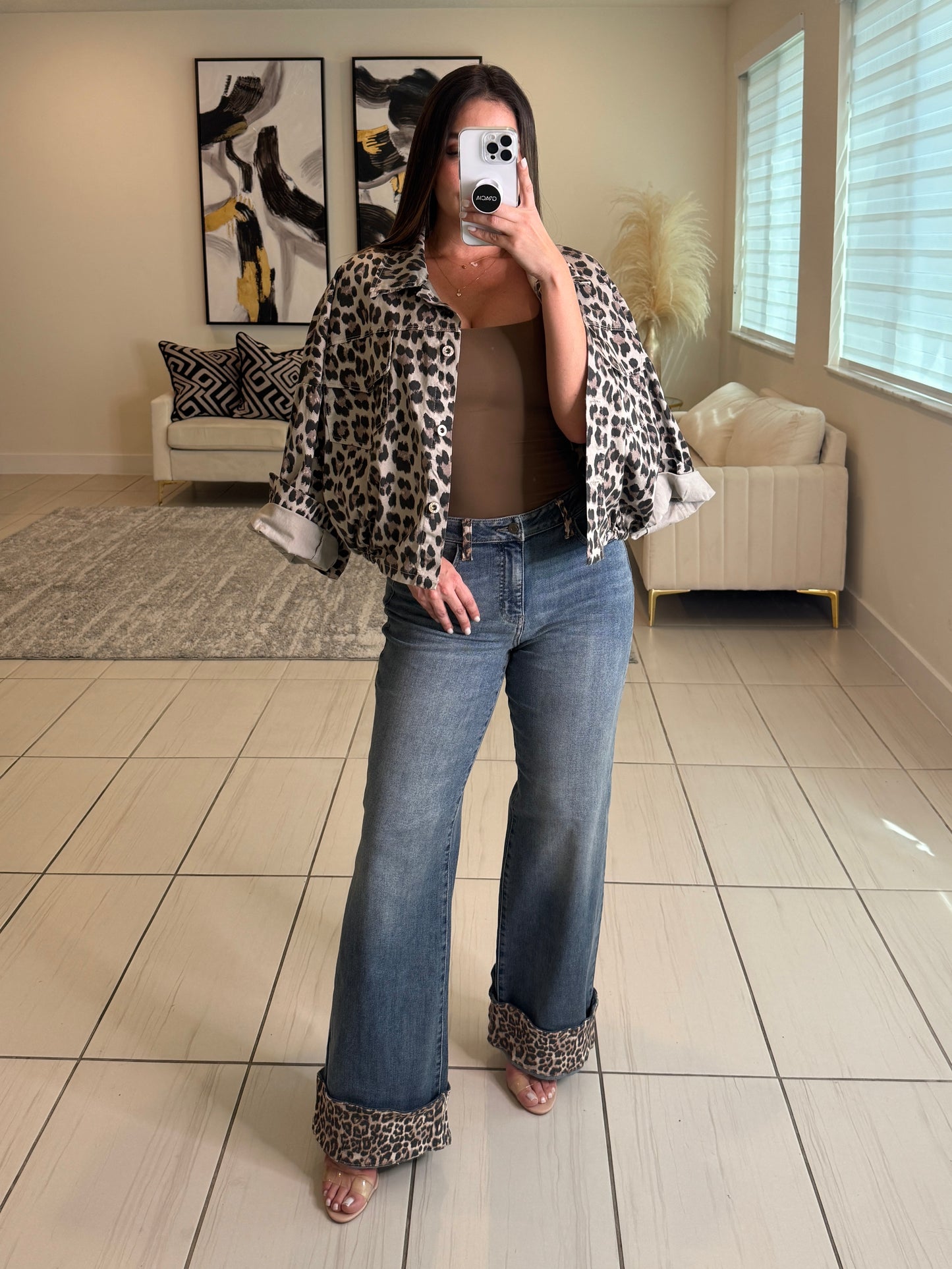 Power Contrast Denim and Leopard Pants