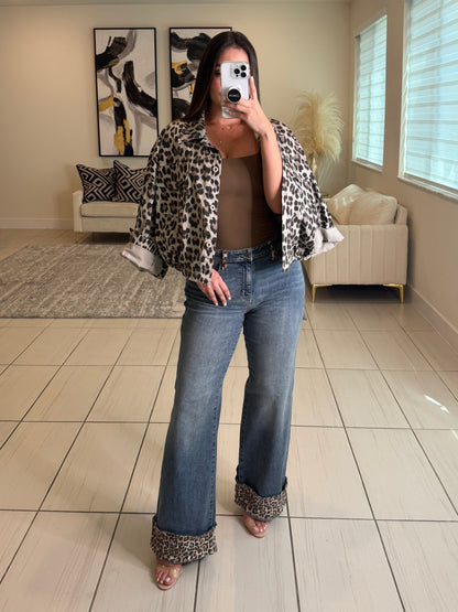 Power Contrast Denim and Leopard Pants