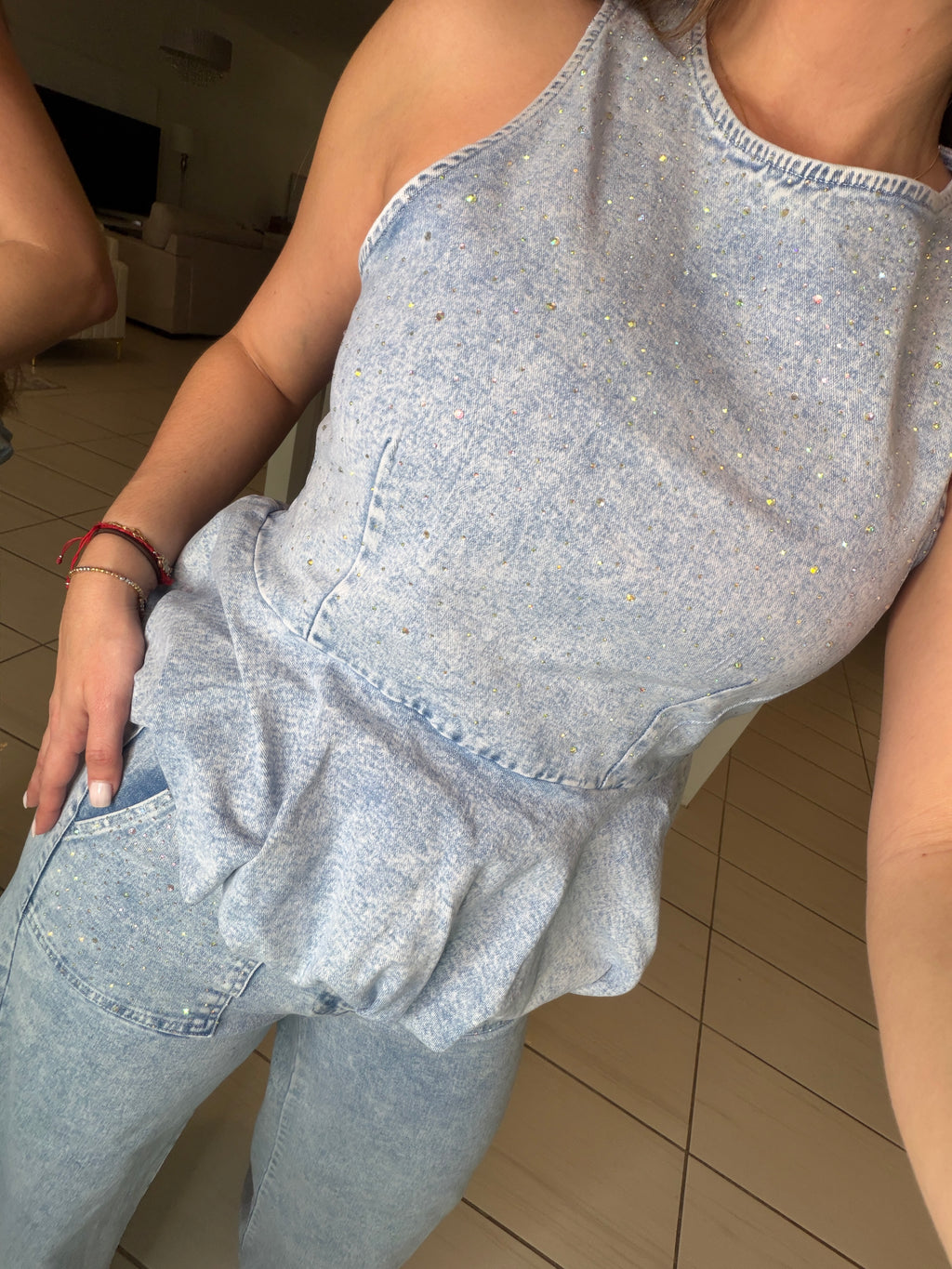 Rhinestones Muse Denim Pants Set