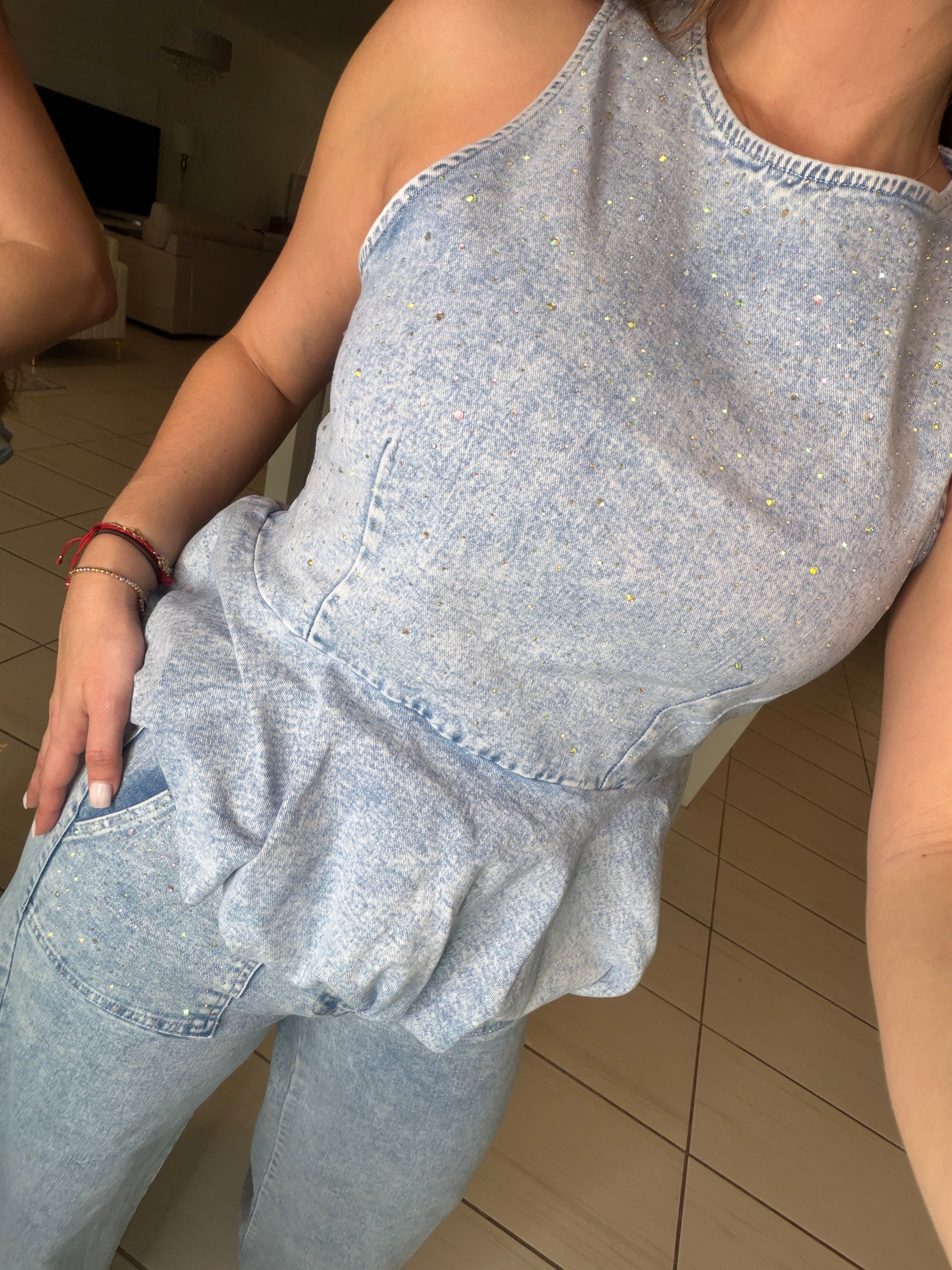 Rhinestones Muse Denim Pants Set