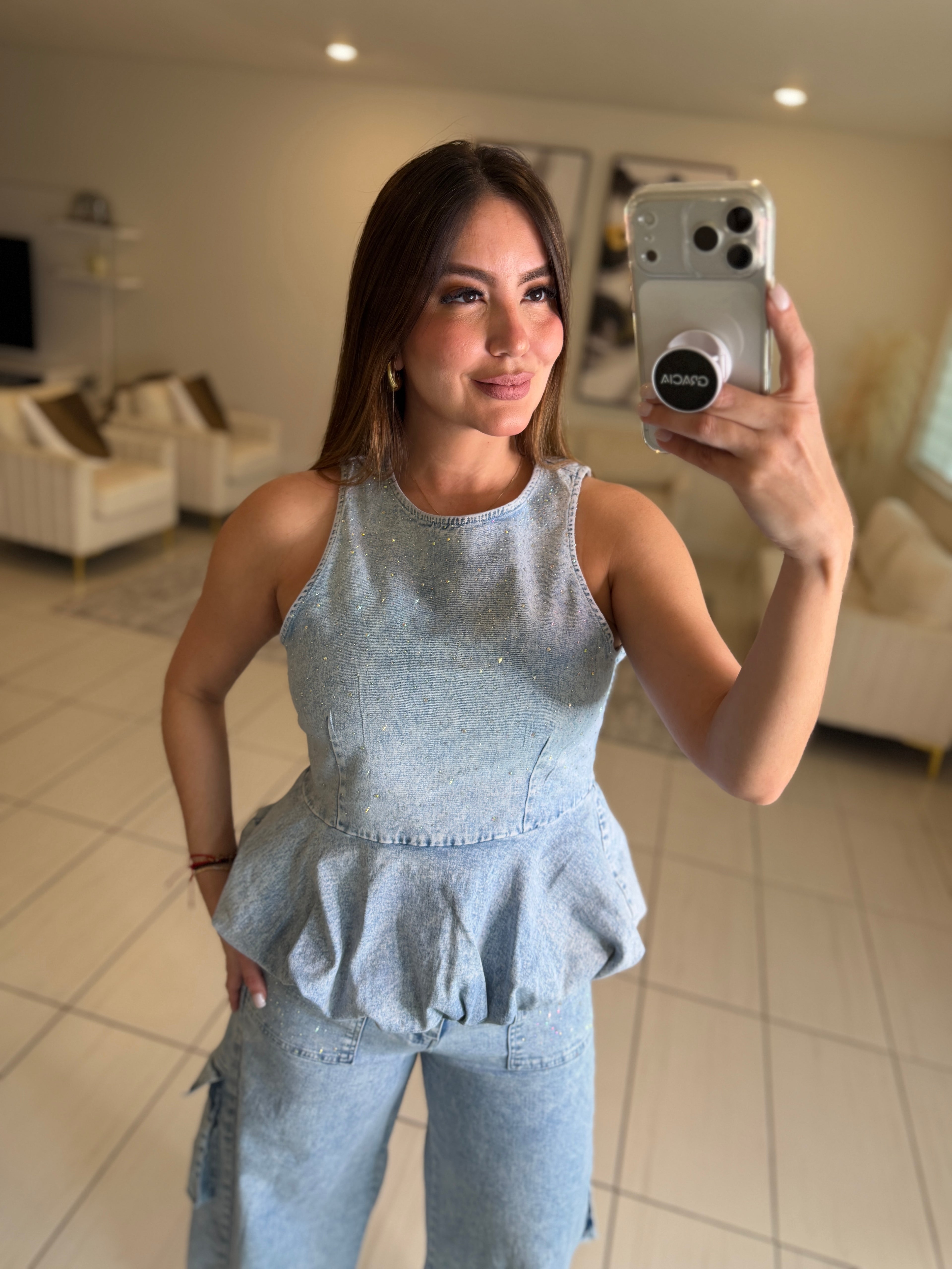 Rhinestones Muse Denim Pants Set