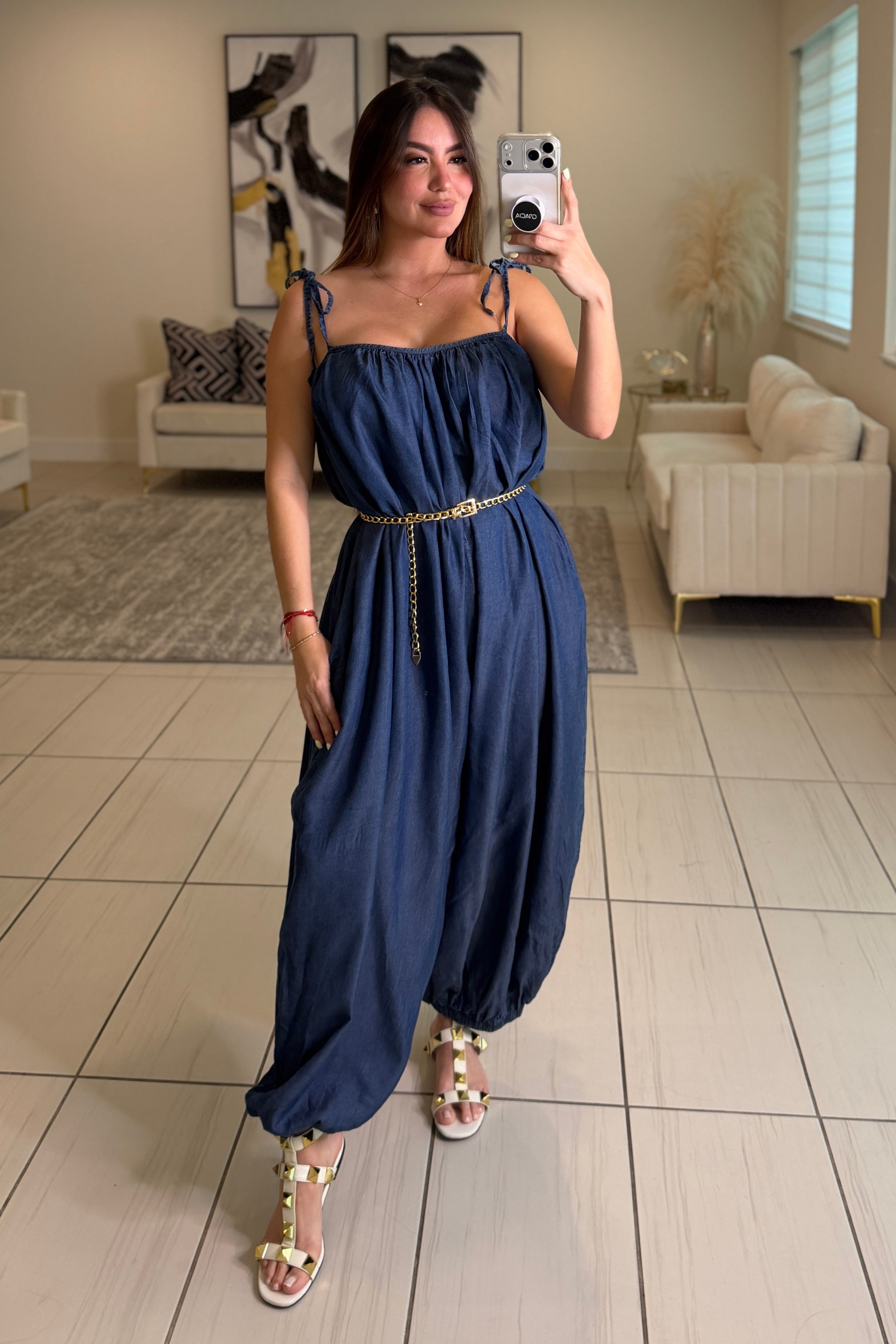 Effortless Essence Ruched Dark Denim Jumpsuit