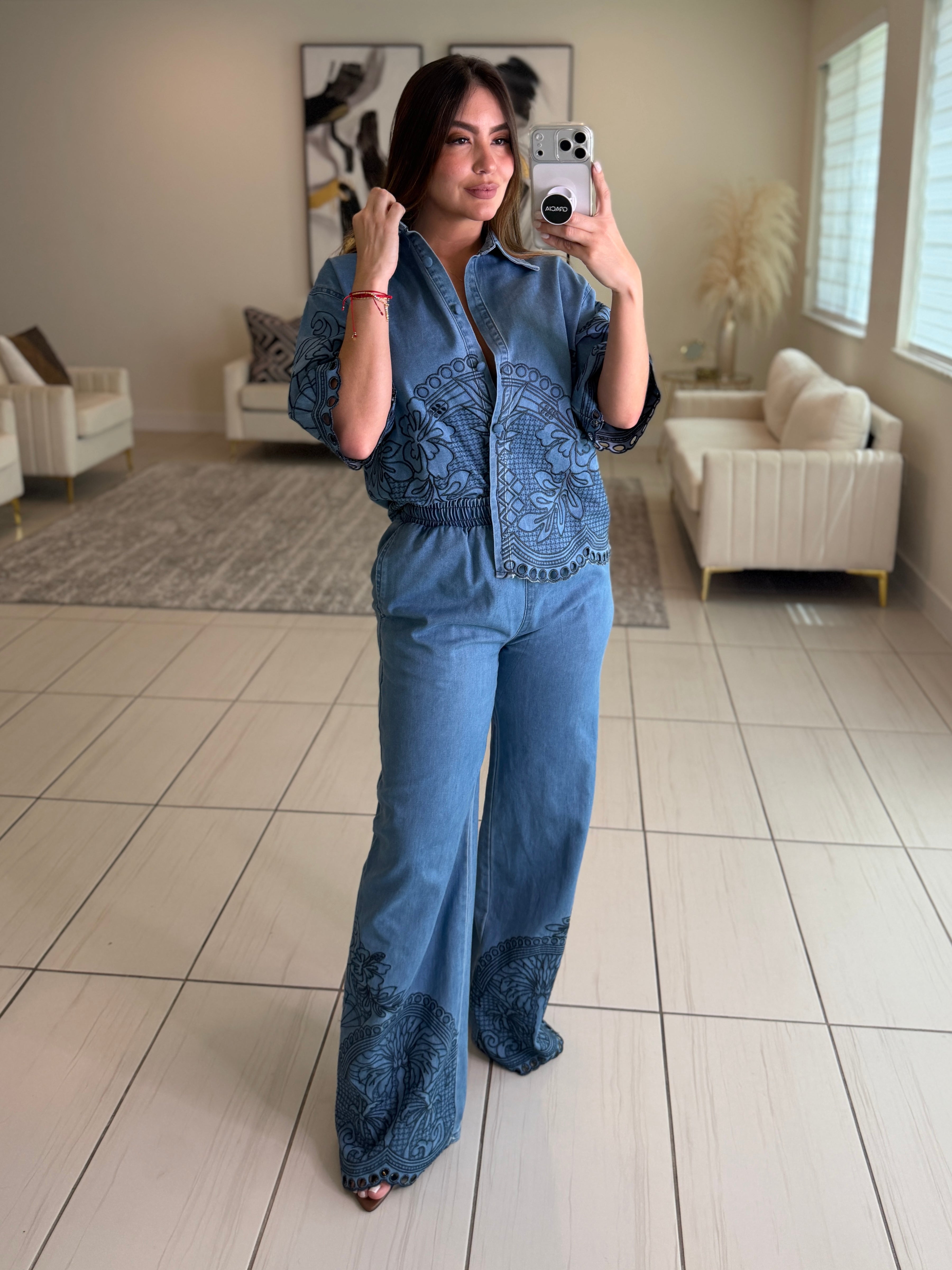 Paradise Embroidered Denim Pant Set