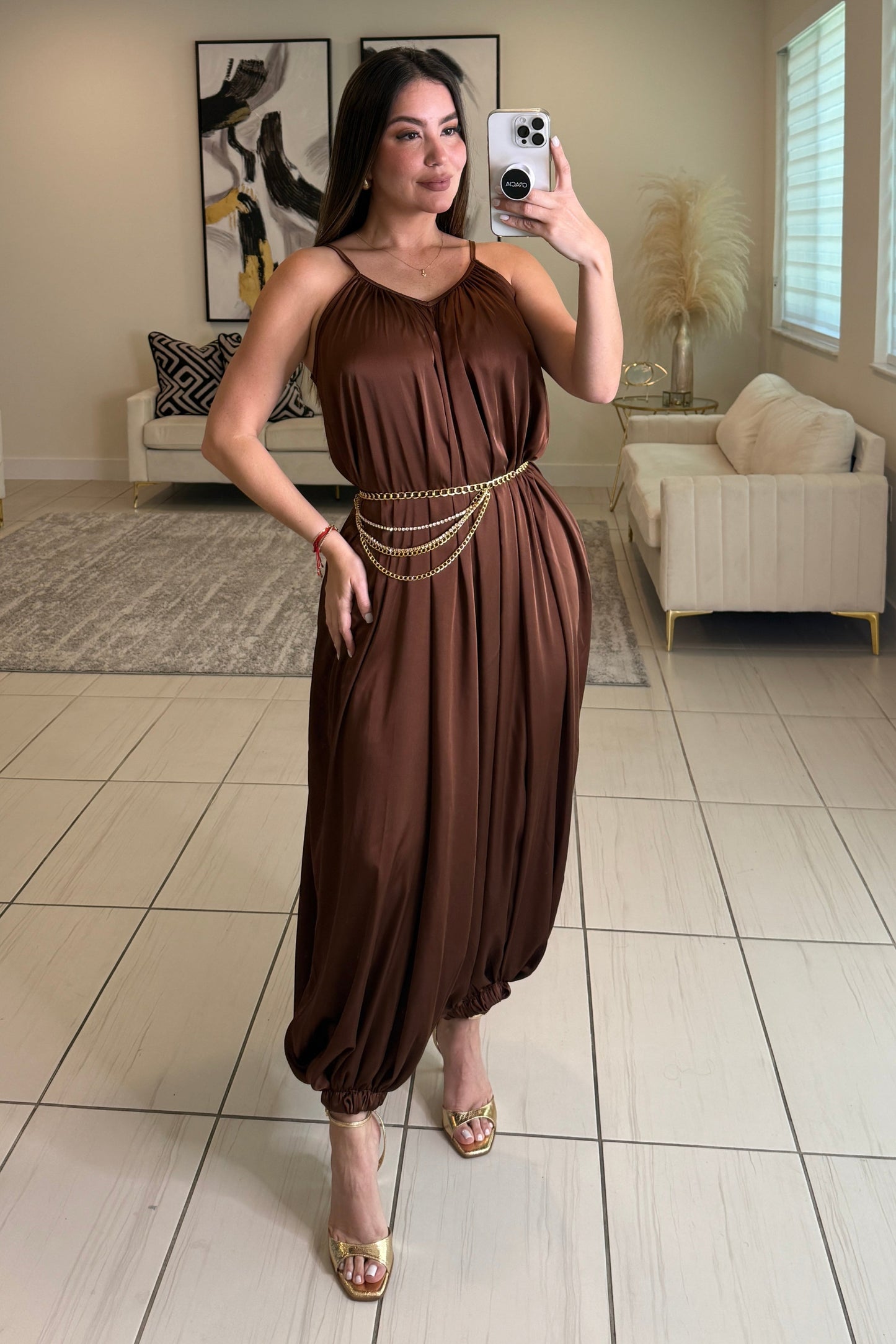 Effortless Essence Ruched Brown Jumpsuit