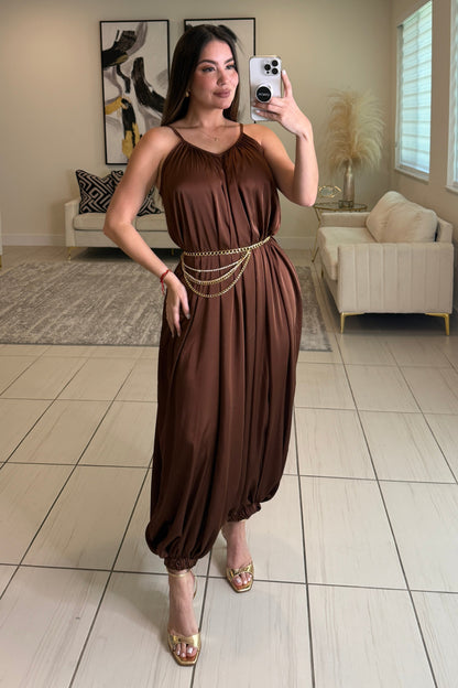 Effortless Essence Ruched Brown Jumpsuit
