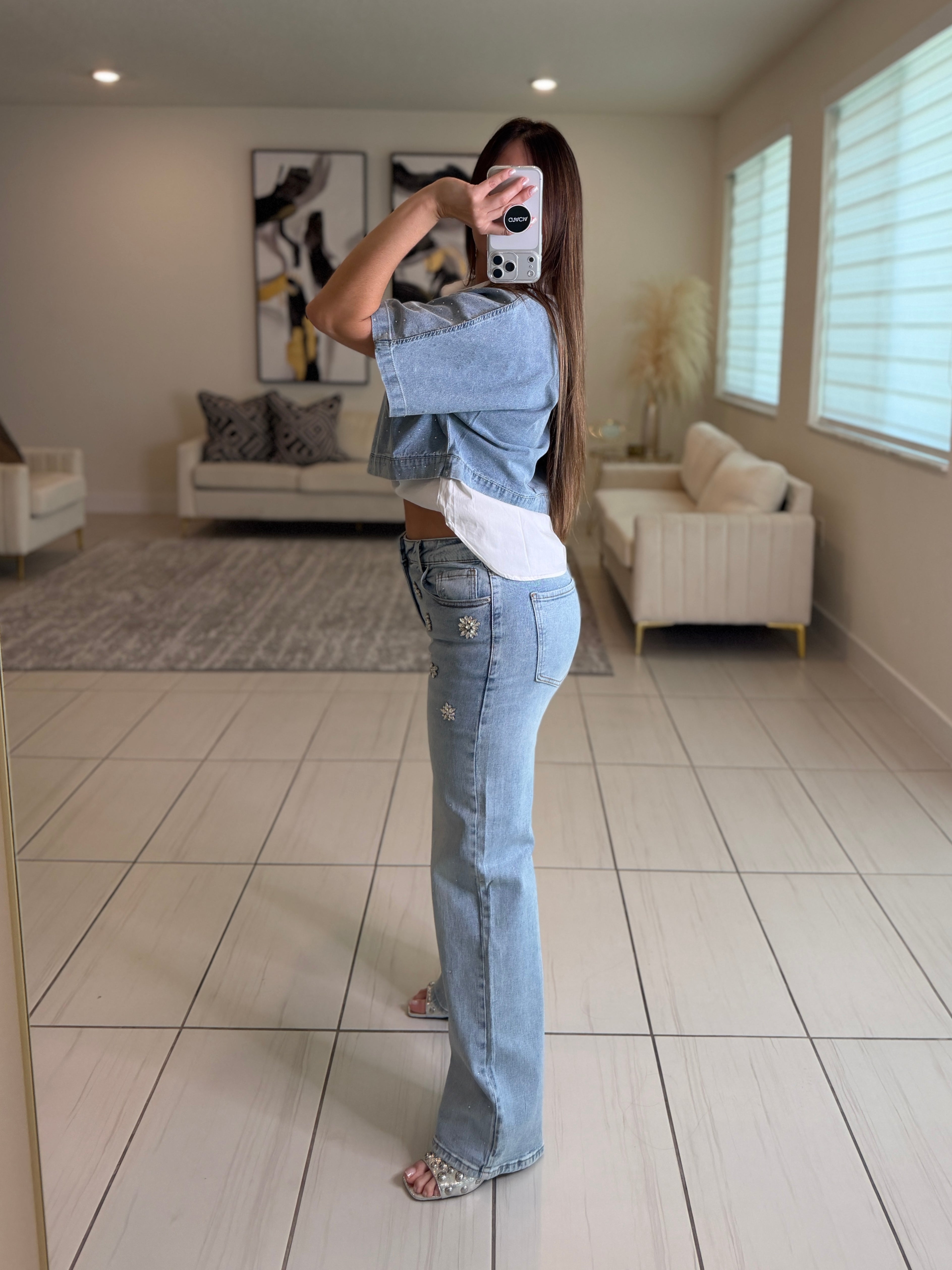 Sparkling Stones Flowers Denim Pants