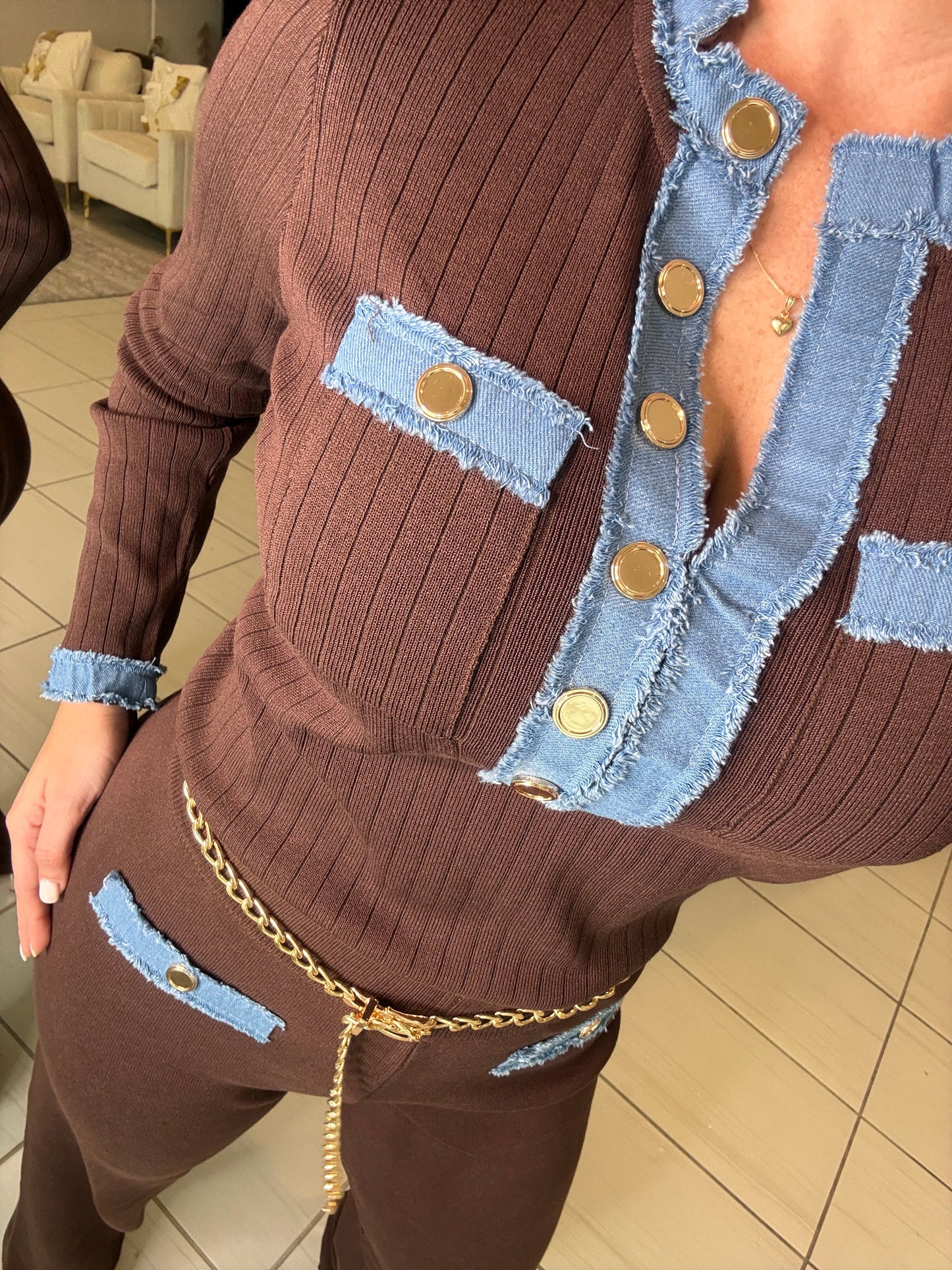 Modern Frame Knit Brown Pant Set