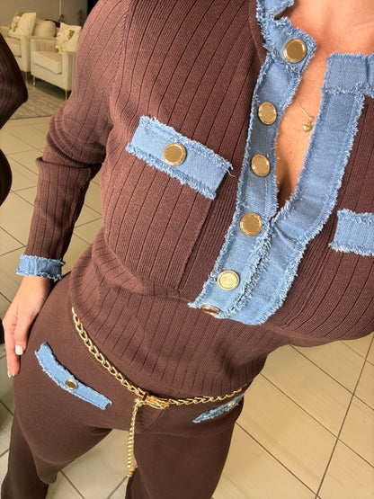 Modern Frame Knit Brown Pant Set